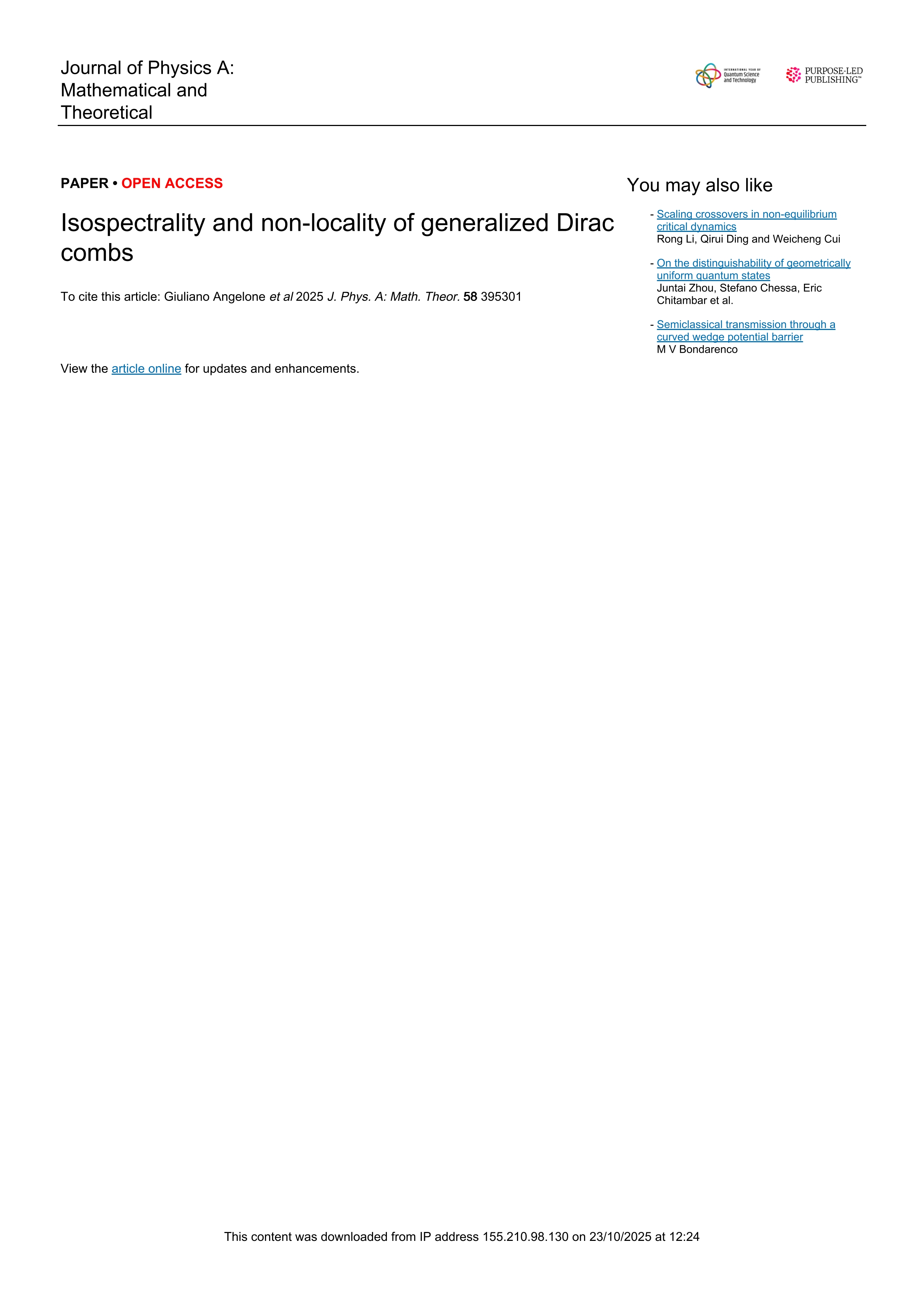 Isospectrality and non-locality of generalized Dirac combs
