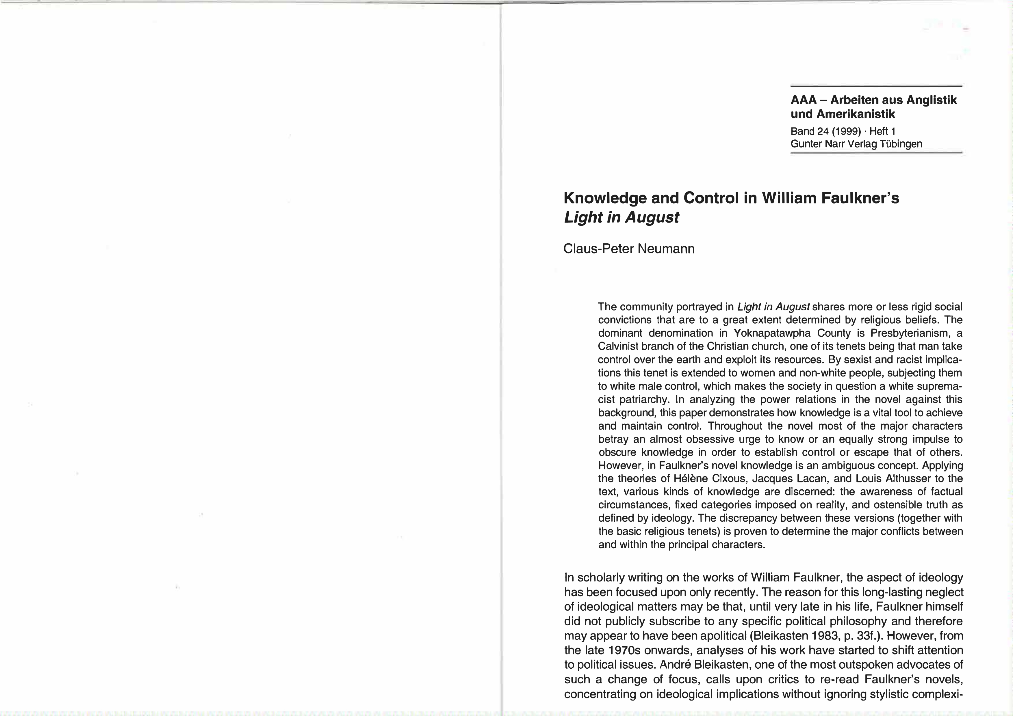 Knowledge and Control in William Faulkner’s Light in August