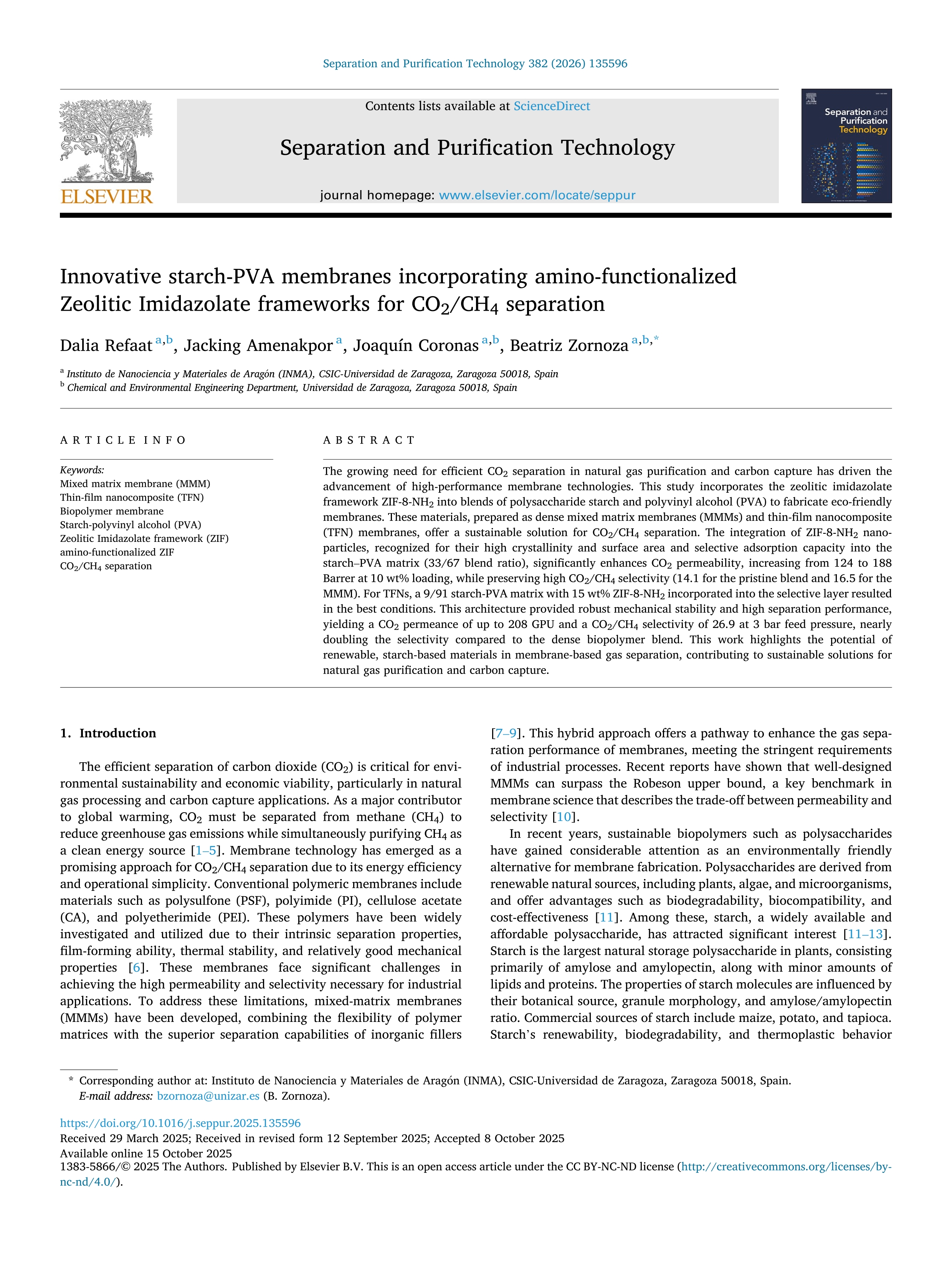 Innovative starch-PVA membranes incorporating amino-functionalized Zeolitic Imidazolate frameworks for CO2/CH4 separation