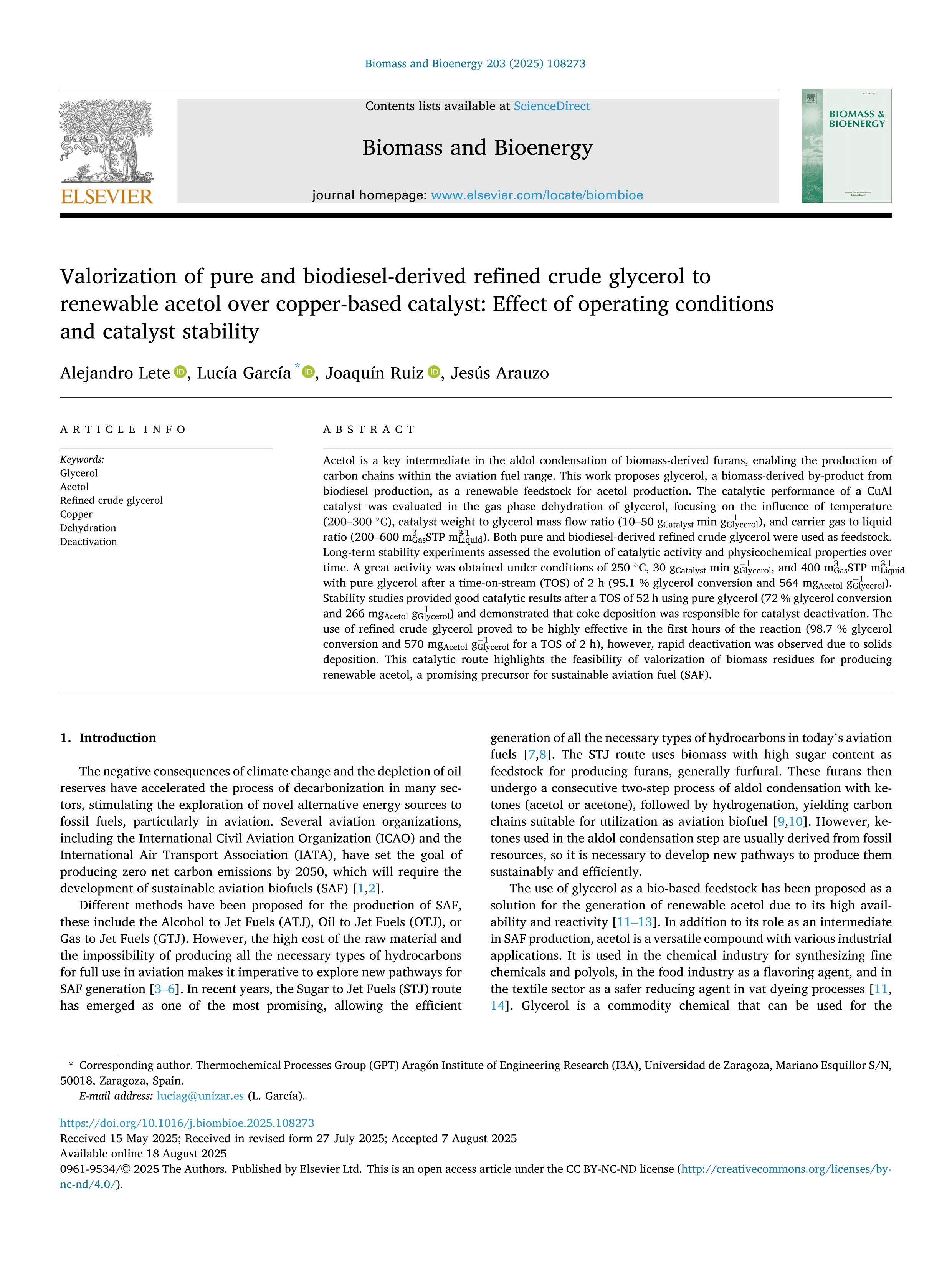 Valorization of pure and biodiesel-derived refined crude glycerol to renewable acetol over copper-based catalyst: Effect of operating conditions and catalyst stability