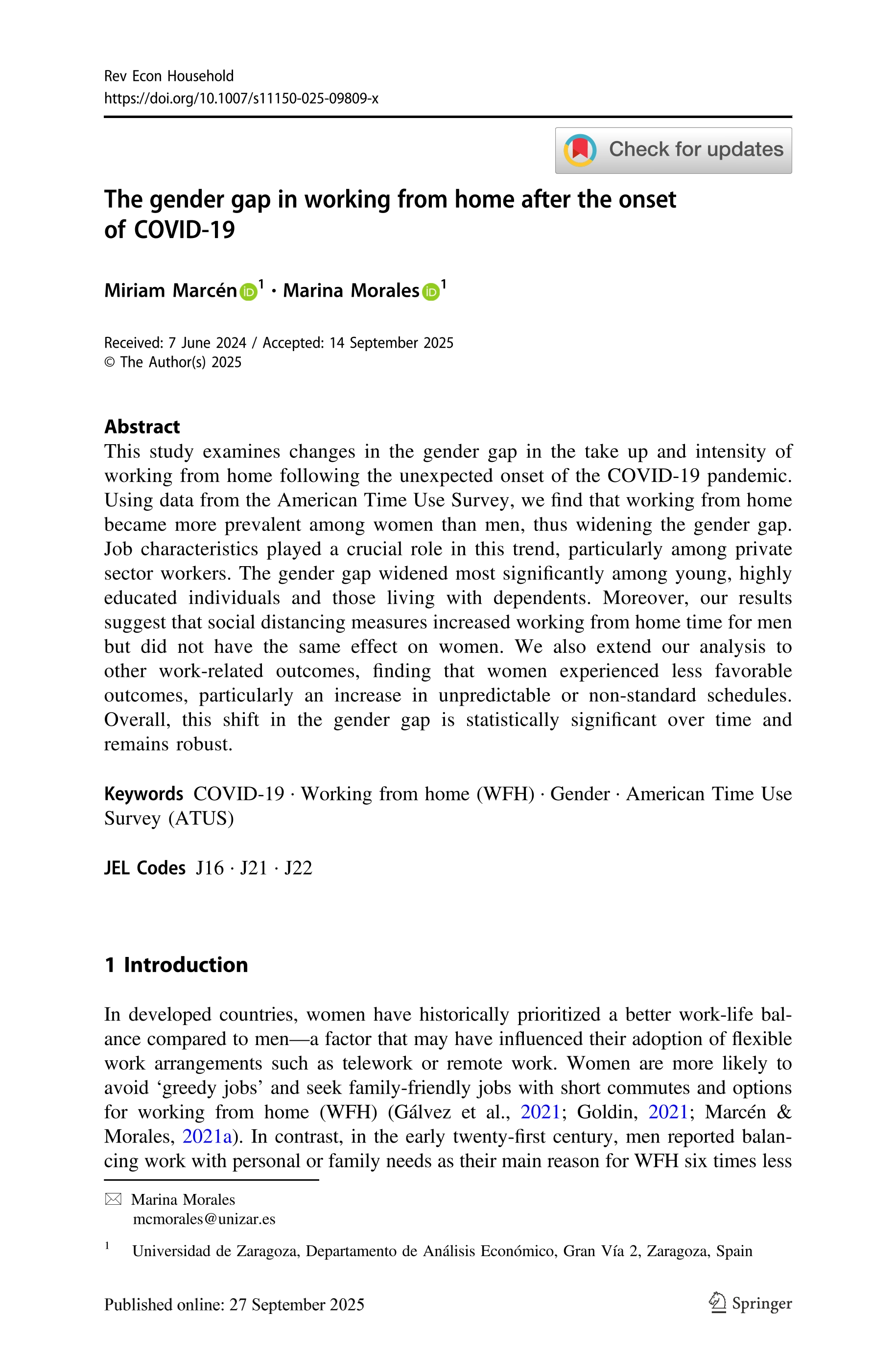 The gender gap in working from home after the onset of COVID-19