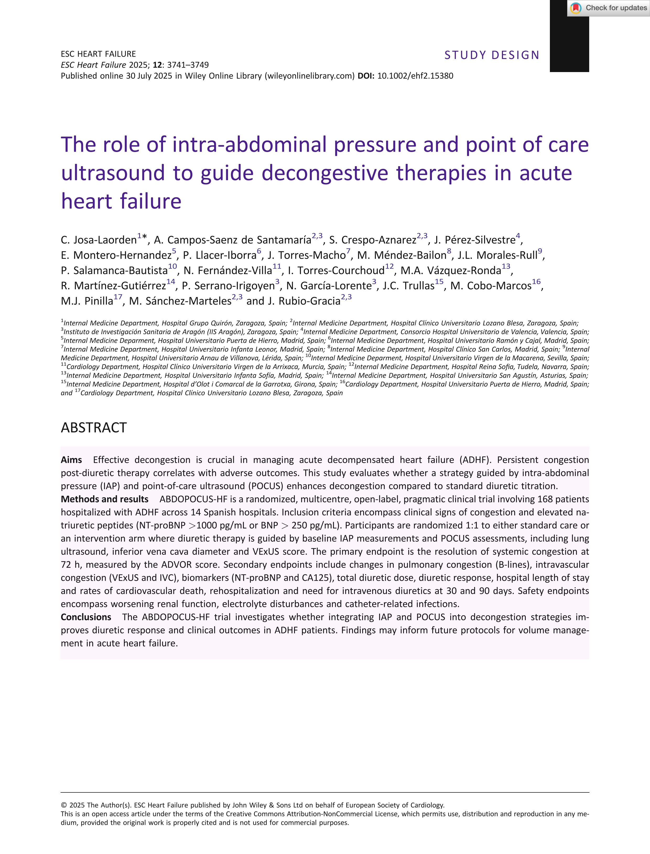 The role of intra‐abdominal pressure and point of care ultrasound to guide decongestive therapies in acute heart failure