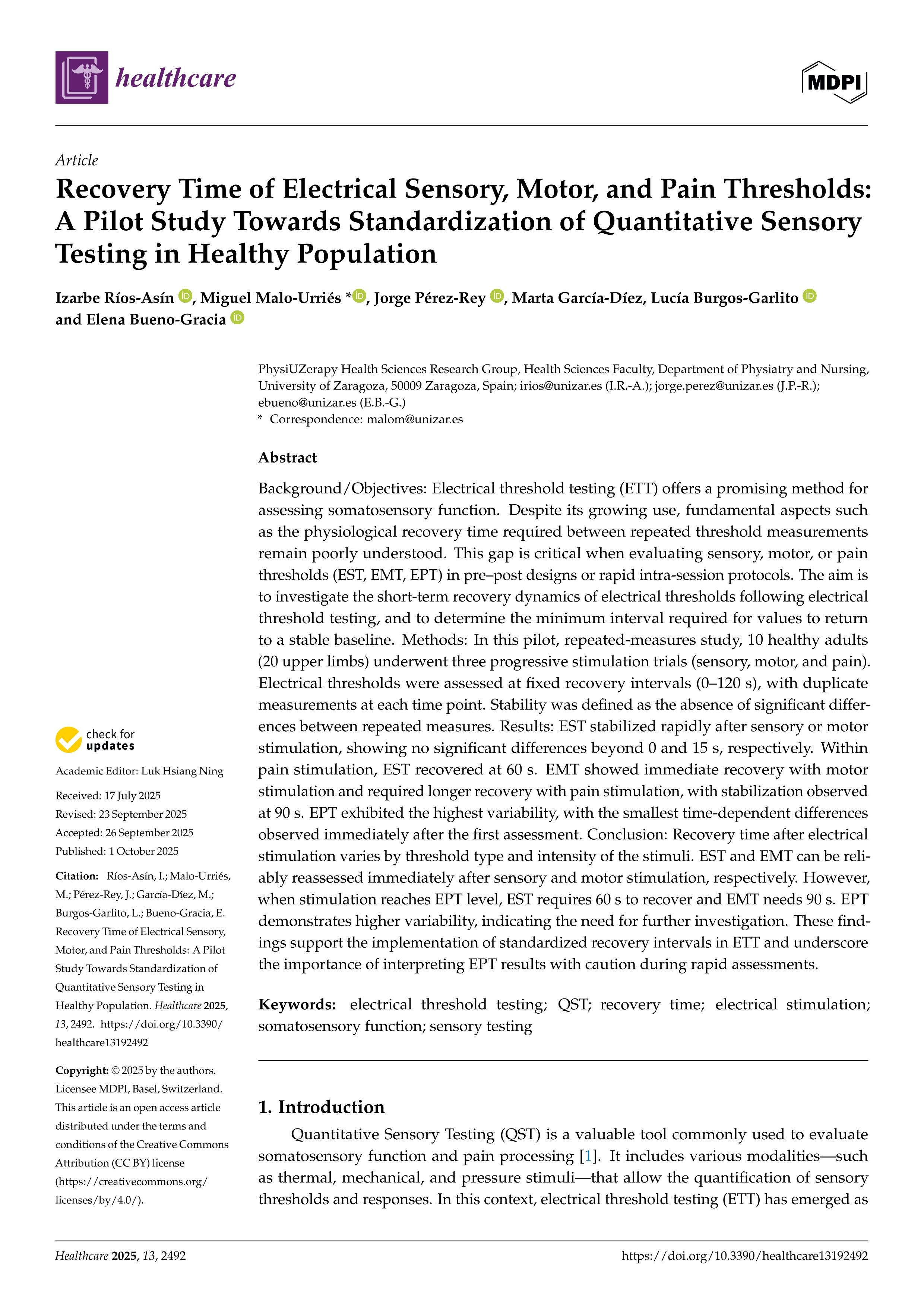 Recovery Time of Electrical Sensory, Motor, and Pain Thresholds: A Pilot Study Towards Standardization of Quantitative Sensory Testing in Healthy Population
