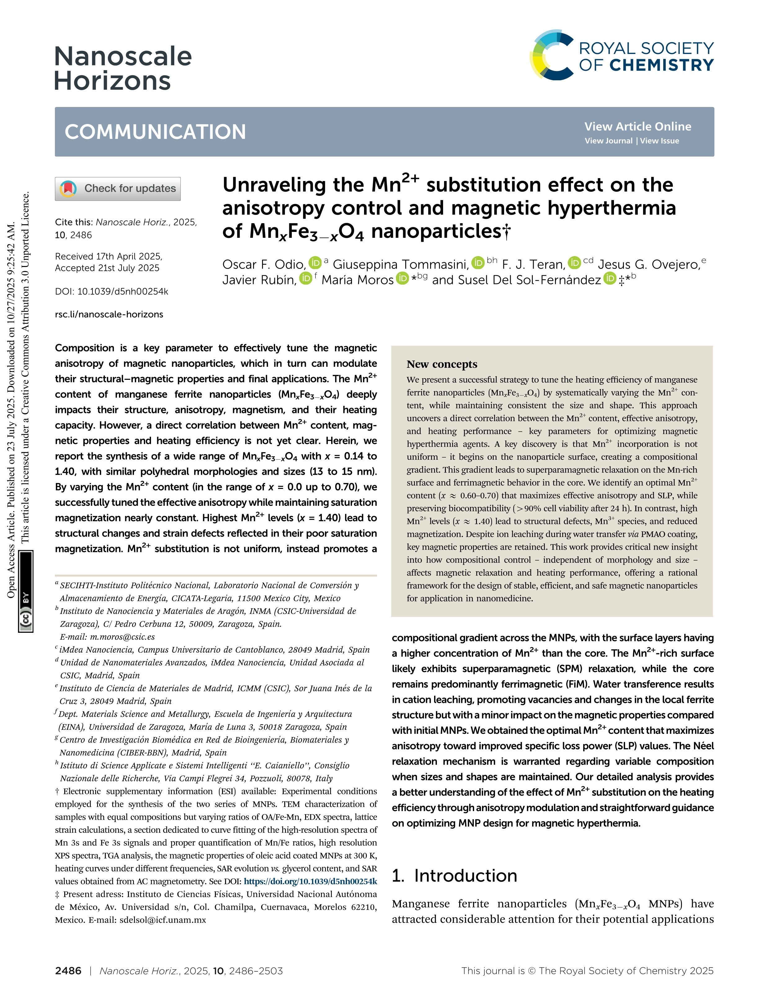 Unraveling the Mn<sup>2+</sup> substitution effect on the anisotropy control and magnetic hyperthermia of Mn<sub><i>x</i></sub>Fe<sub>3−<i>x</i></sub>O<sub>4</sub> nanoparticles