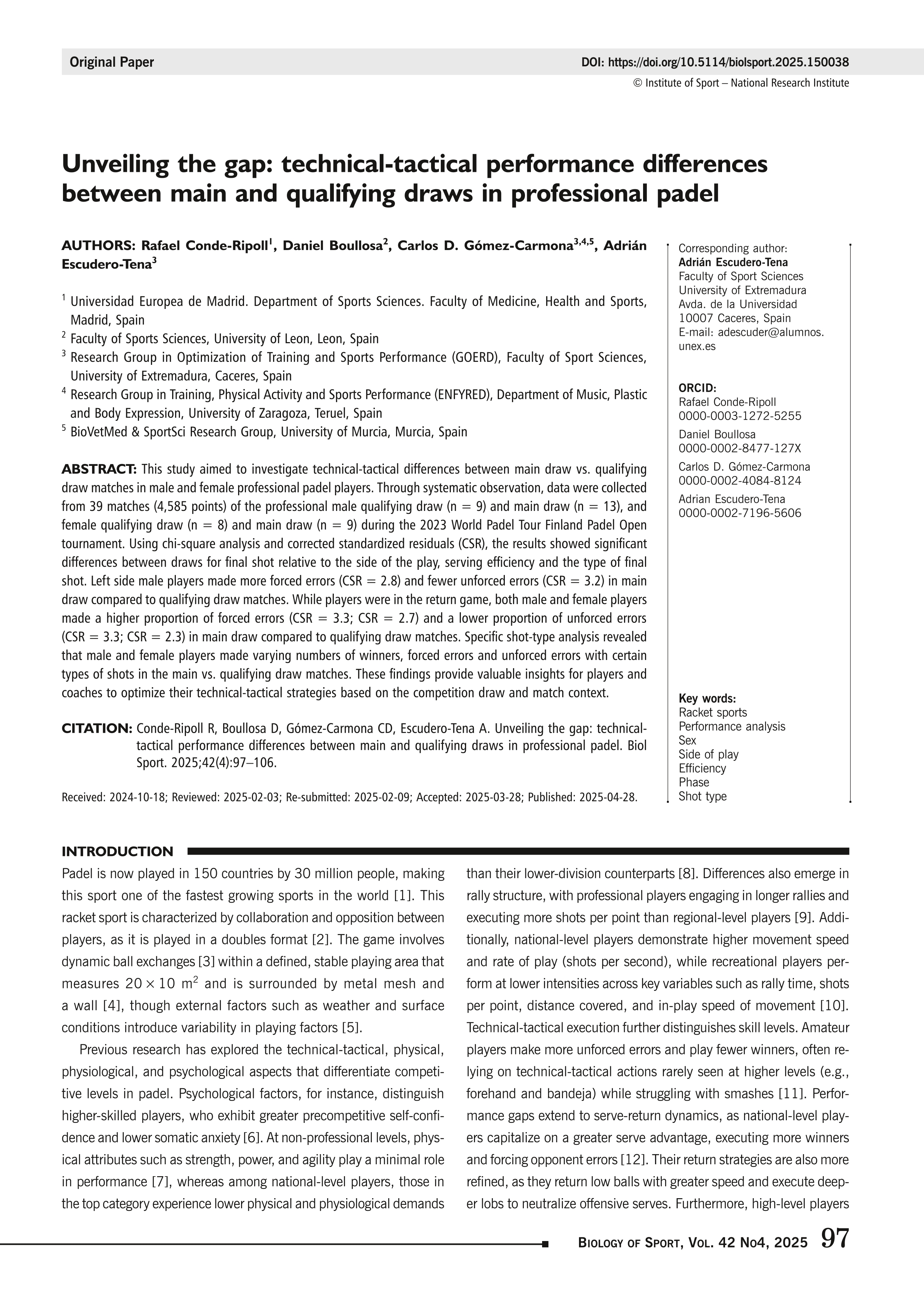 Unveiling the gap: technical-tactical performance differences between main and qualifying draws in professional padel