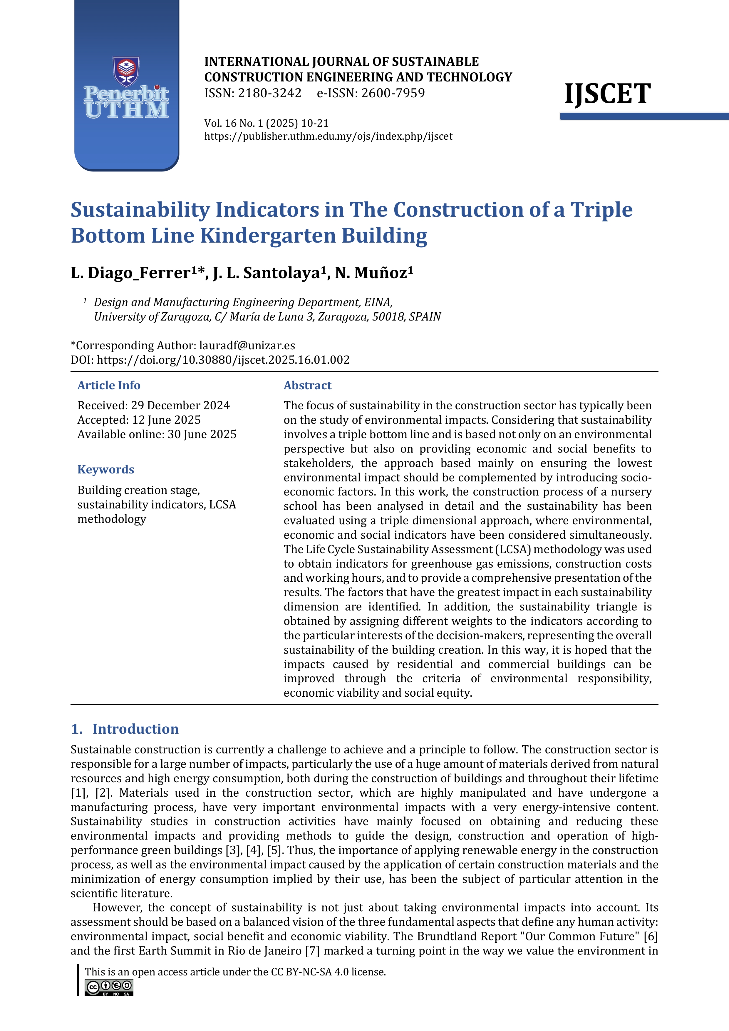 Sustainability Indicators in The Construction of a Triple Bottom Line Kindergarten Building