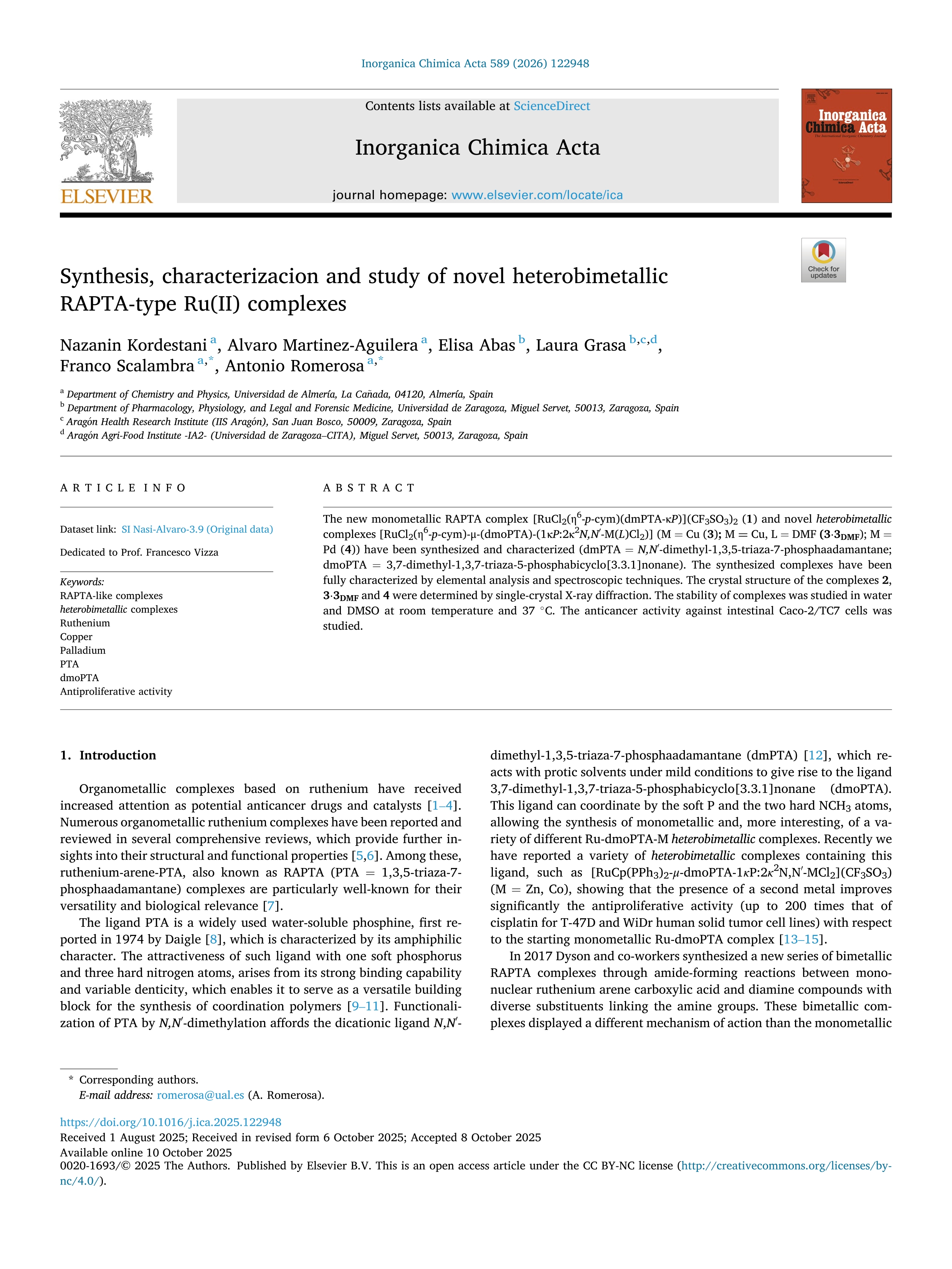 Synthesis, characterizacion and study of novel heterobimetallic RAPTA-type Ru(II) complexes