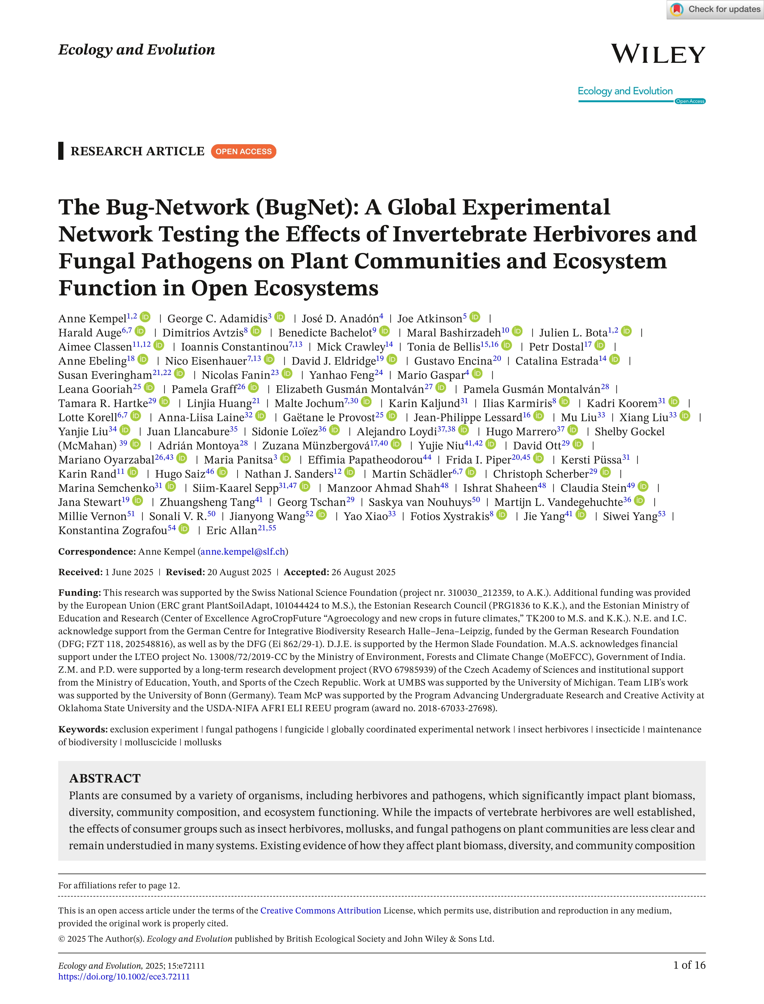 The Bug‐Network (<scp>BugNet</scp>): A Global Experimental Network Testing the Effects of Invertebrate Herbivores and Fungal Pathogens on Plant Communities and Ecosystem Function in Open Ecosystems