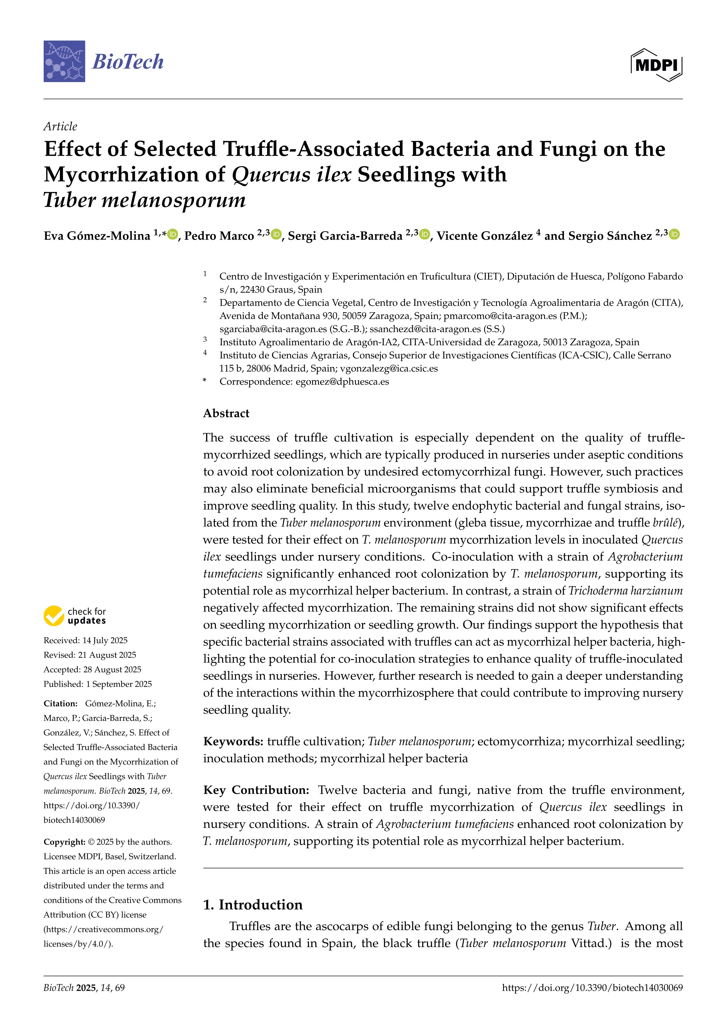 Effect of Selected Truffle-Associated Bacteria and Fungi on the Mycorrhization of Quercus ilex Seedlings with Tuber melanosporum