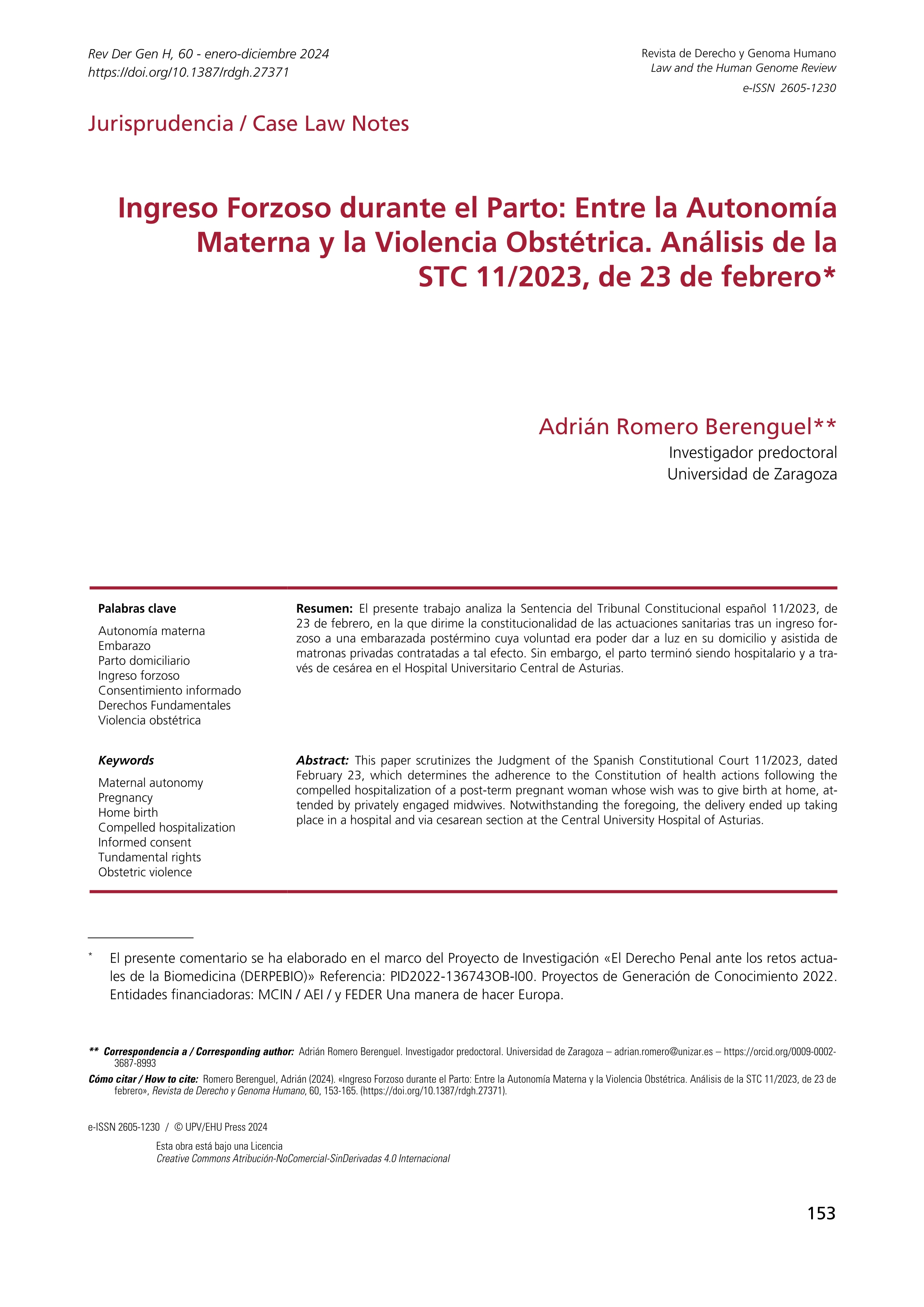 Ingreso Forzoso durante el Parto: Entre la Autonomía Materna y la Violencia Obstétrica. Análisis de la STC 11/2023, de 23 de febrero