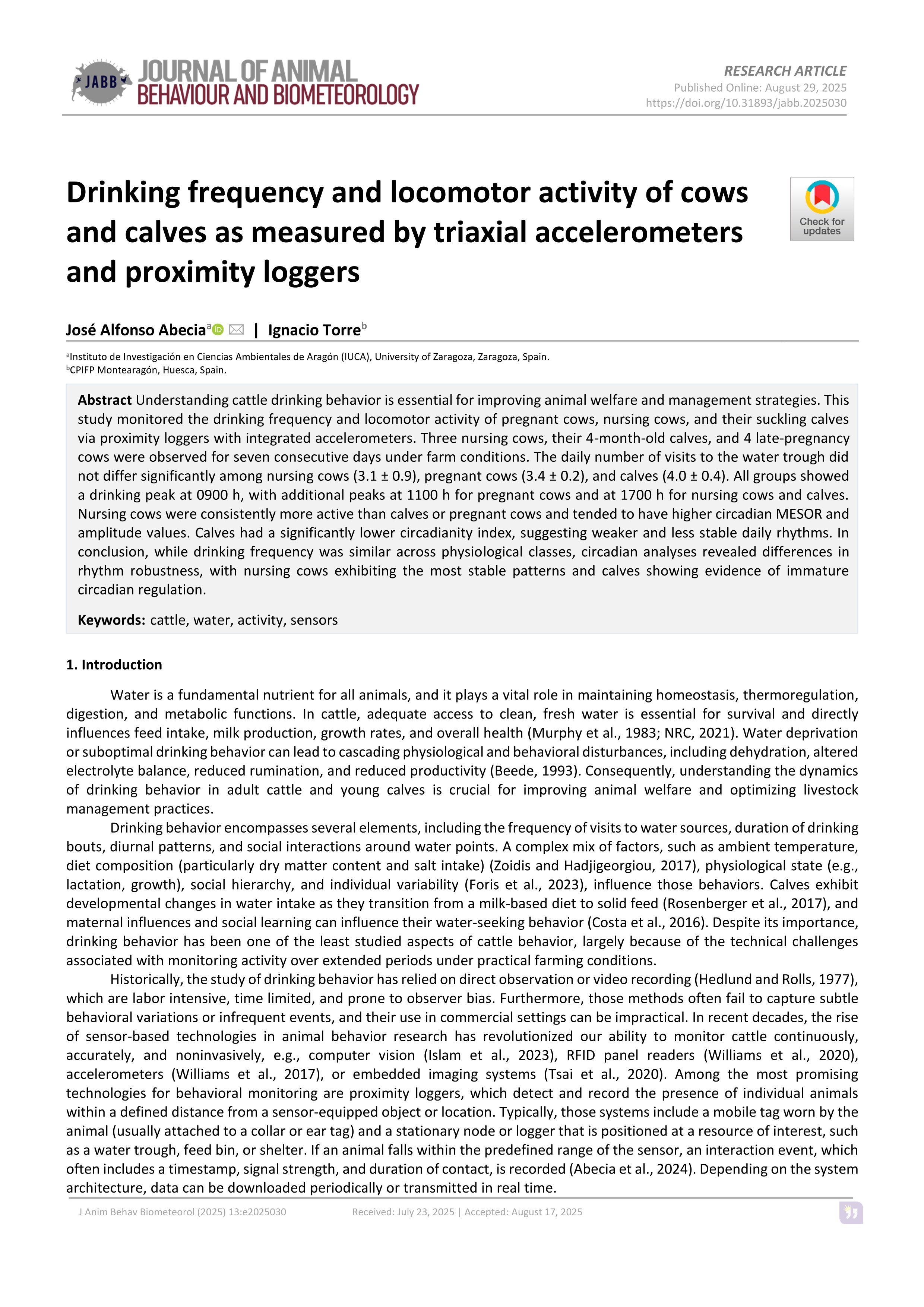 Drinking frequency and locomotor activity of cows and calves as measured by triaxial accelerometers and proximity loggers