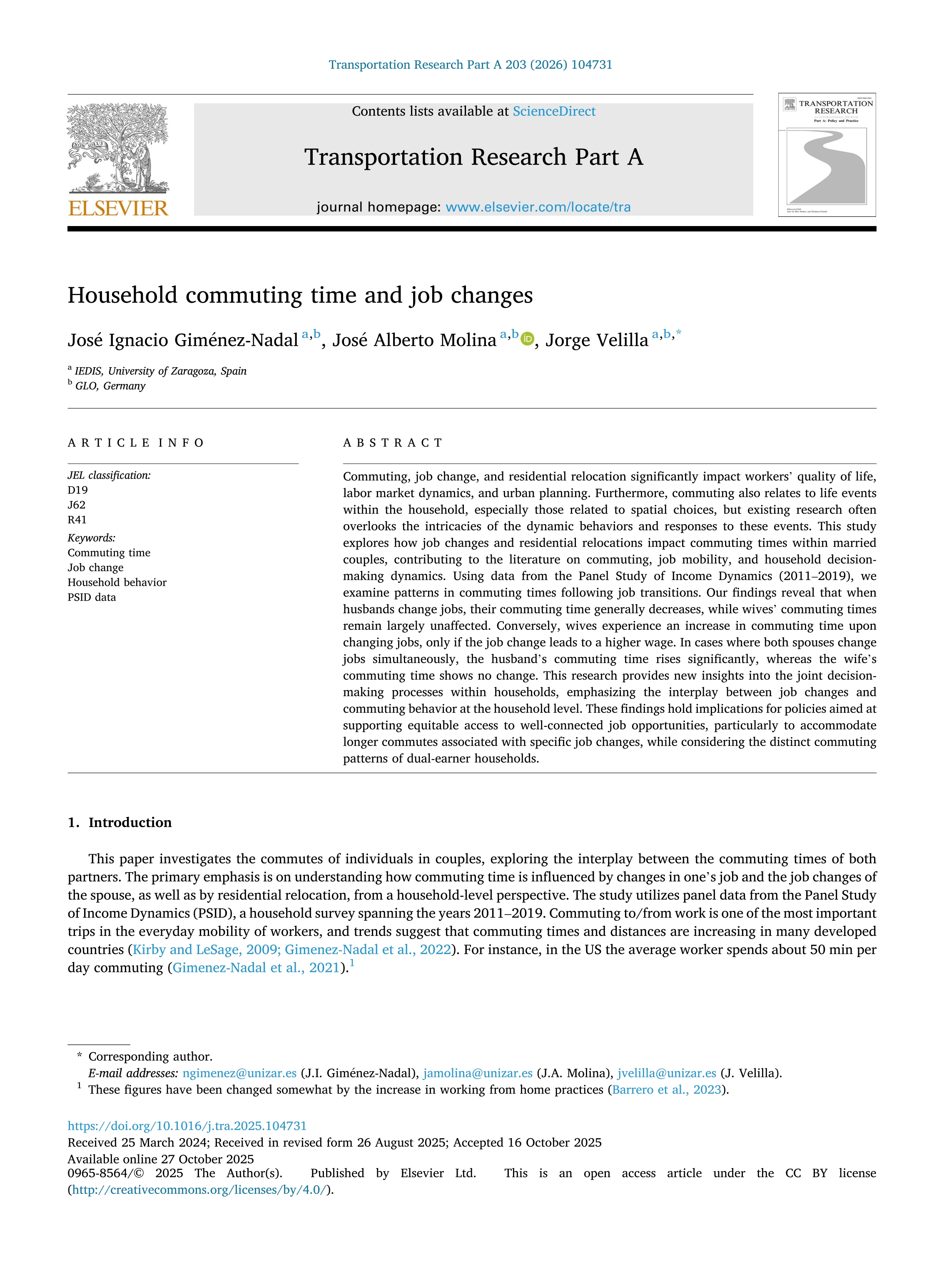 Household commuting time and job changes
