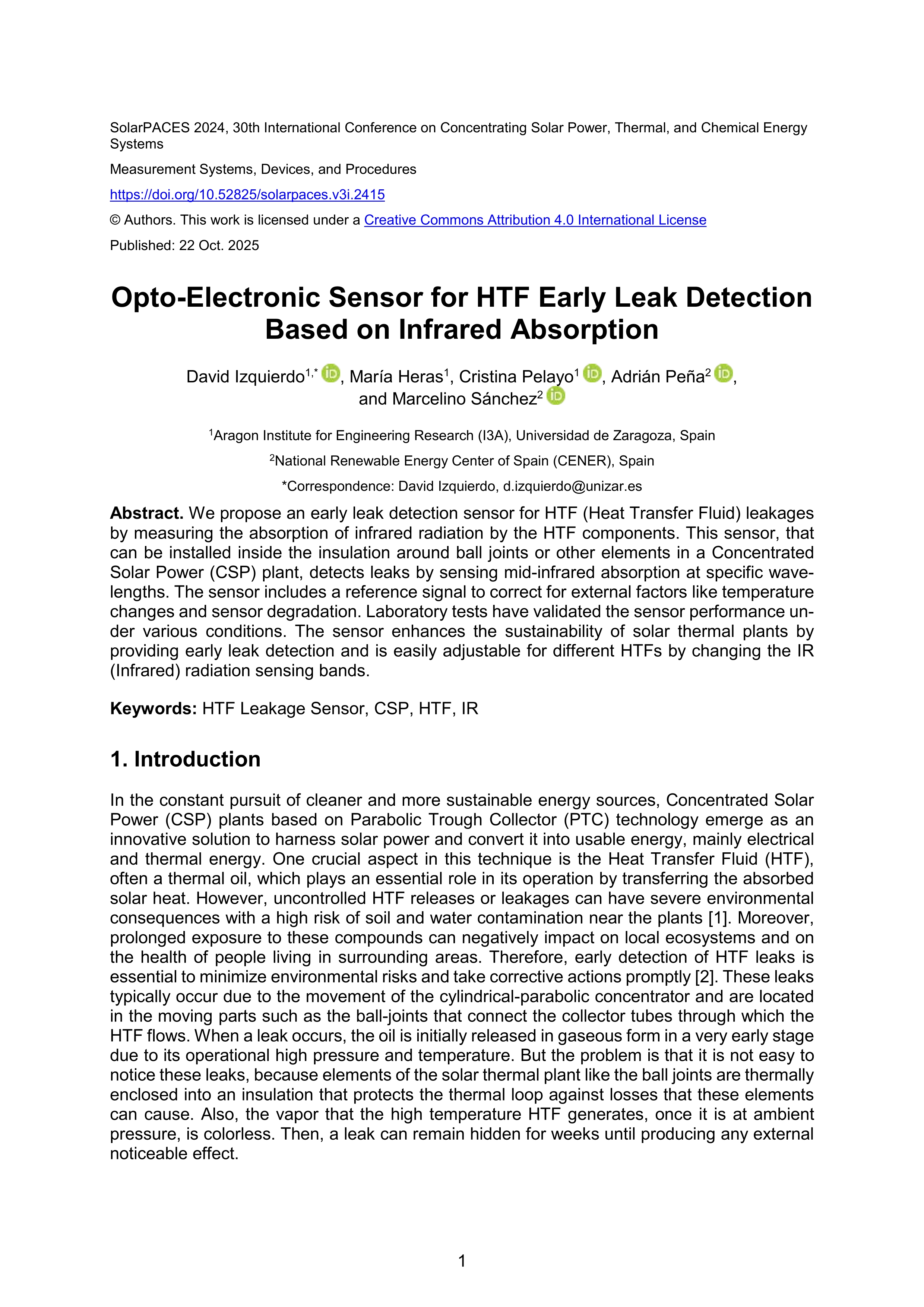 Opto-Electronic Sensor for HTF Early Leak Detection Based on Infrared Absorption