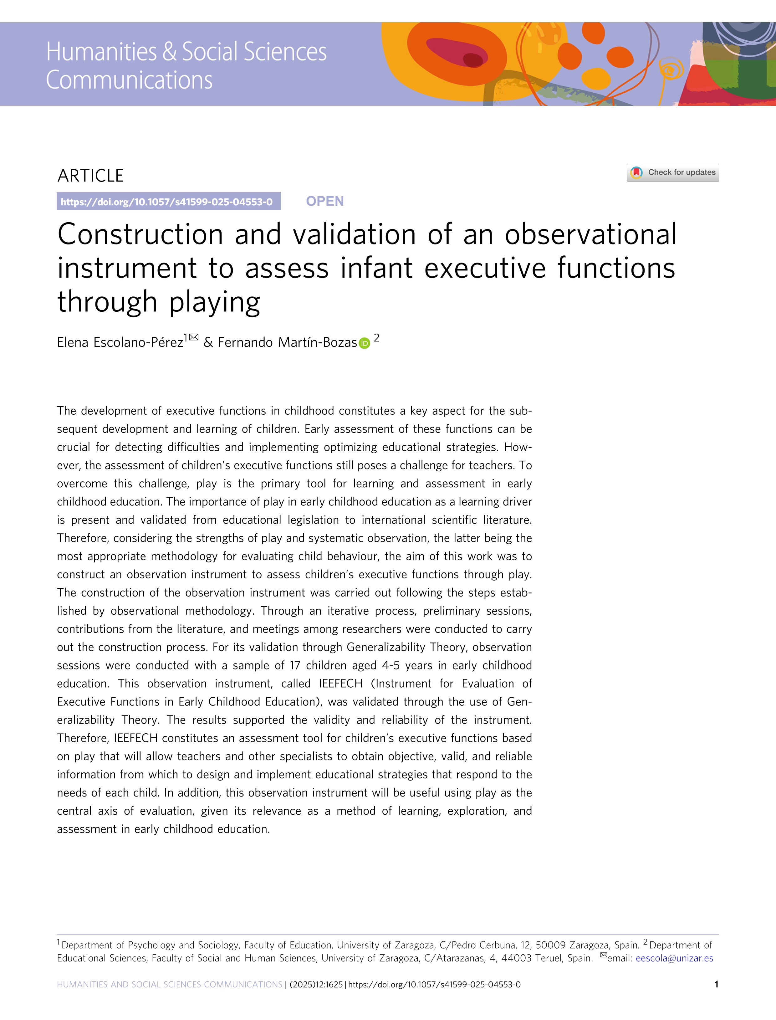 Construction and validation of an observational instrument to assess infant executive functions through playing