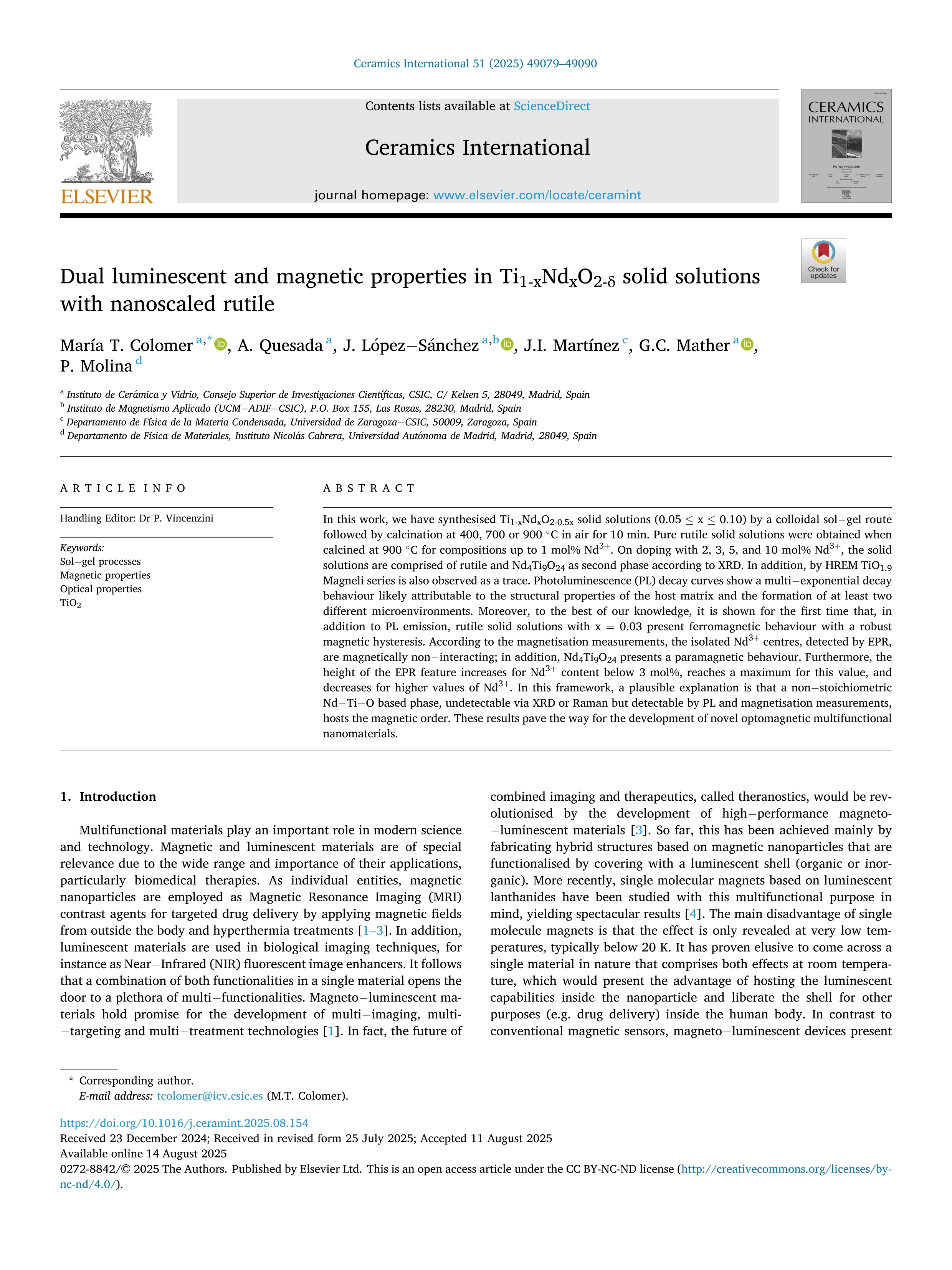 Dual luminescent and magnetic properties in Ti1-xNdxO2-δ solid solutions with nanoscaled rutile