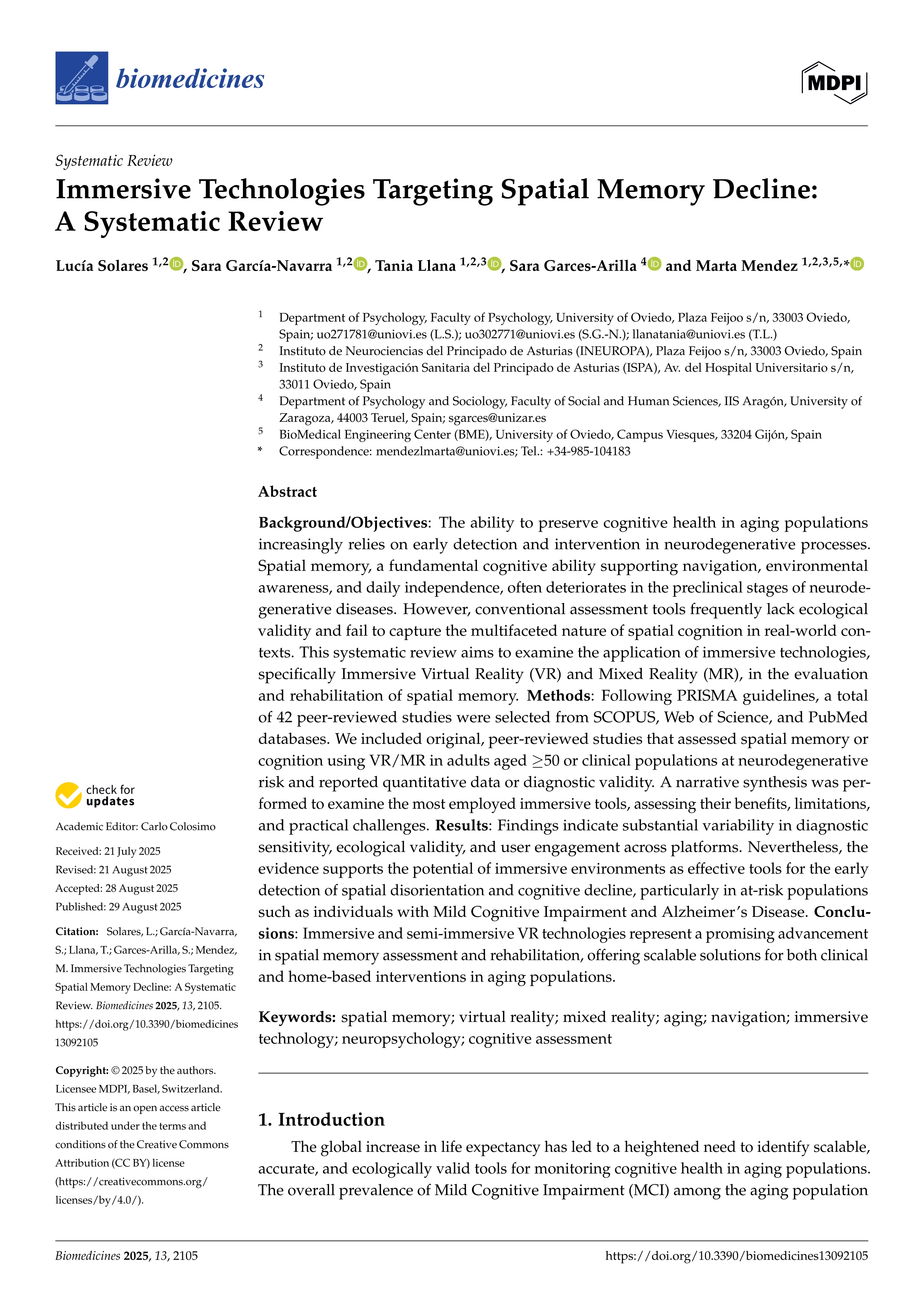 Immersive Technologies Targeting Spatial Memory Decline: A Systematic Review