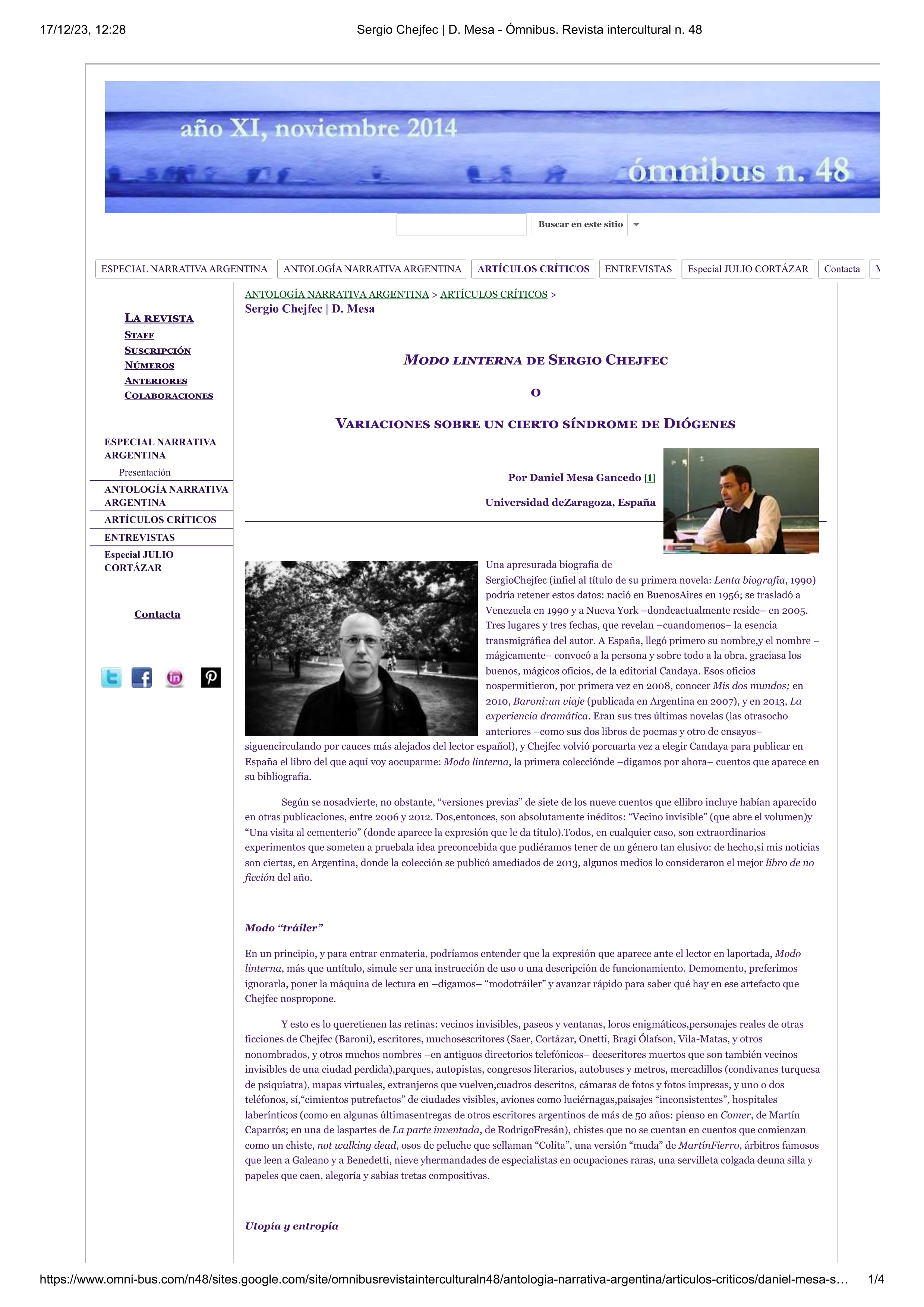 Modo linterna de Sergio Chejfec. Variaciones sobre un cierto síndrome de Diógenes