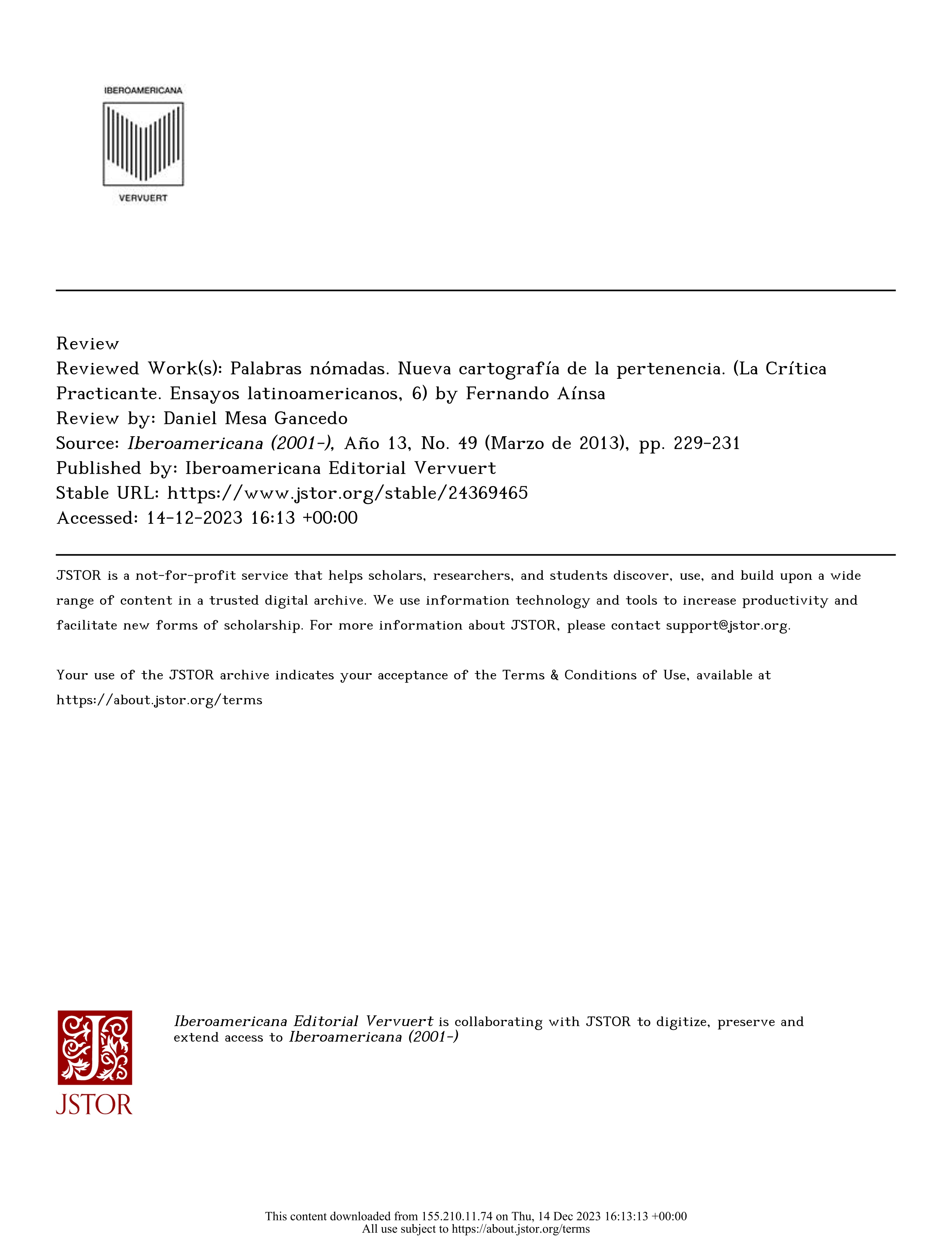 Fernando Aínsa: Palabras nómadas. Nueva cartografía de la pertenencia