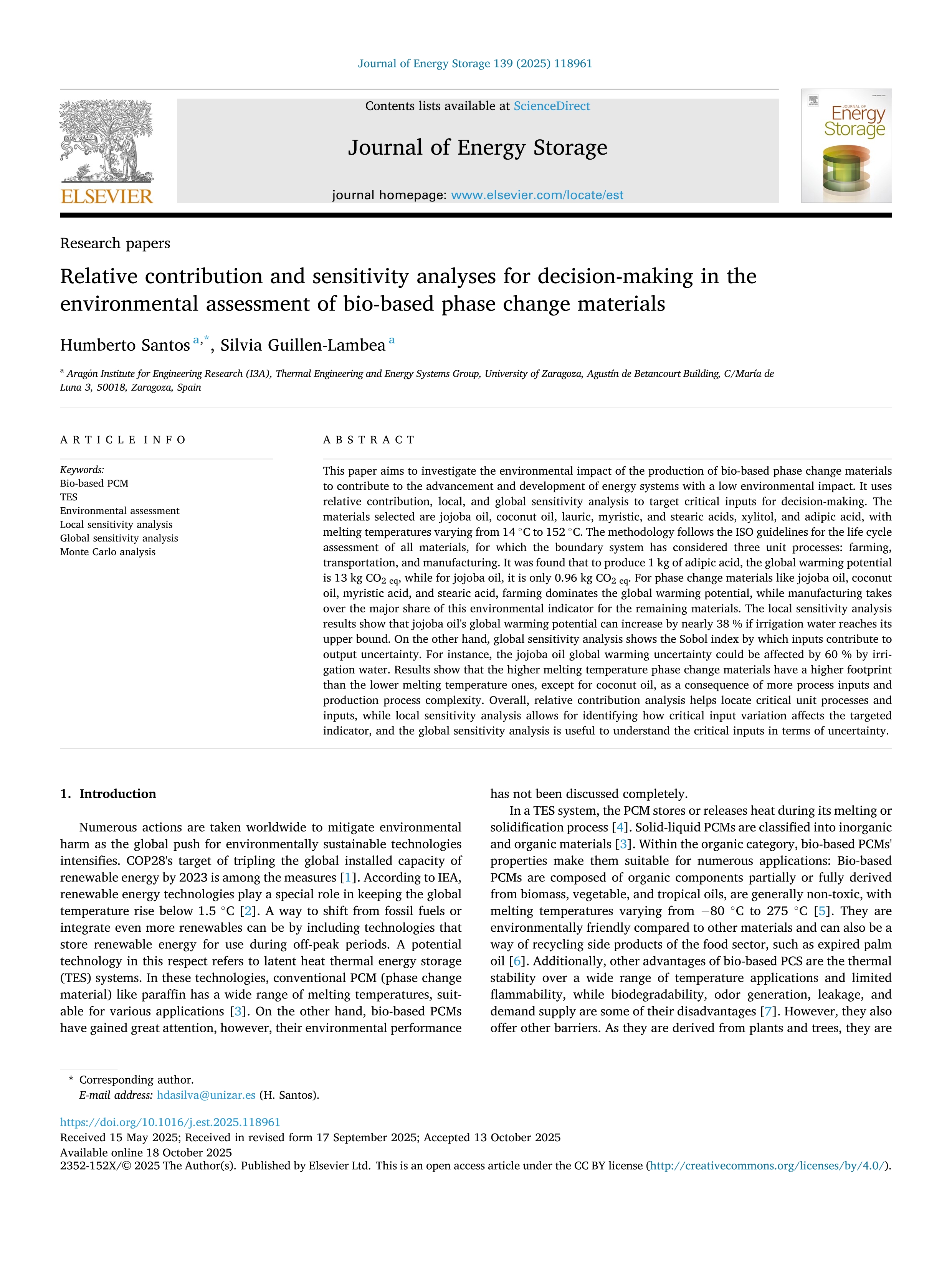 Relative contribution and sensitivity analyses for decision-making in the environmental assessment of bio-based phase change materials