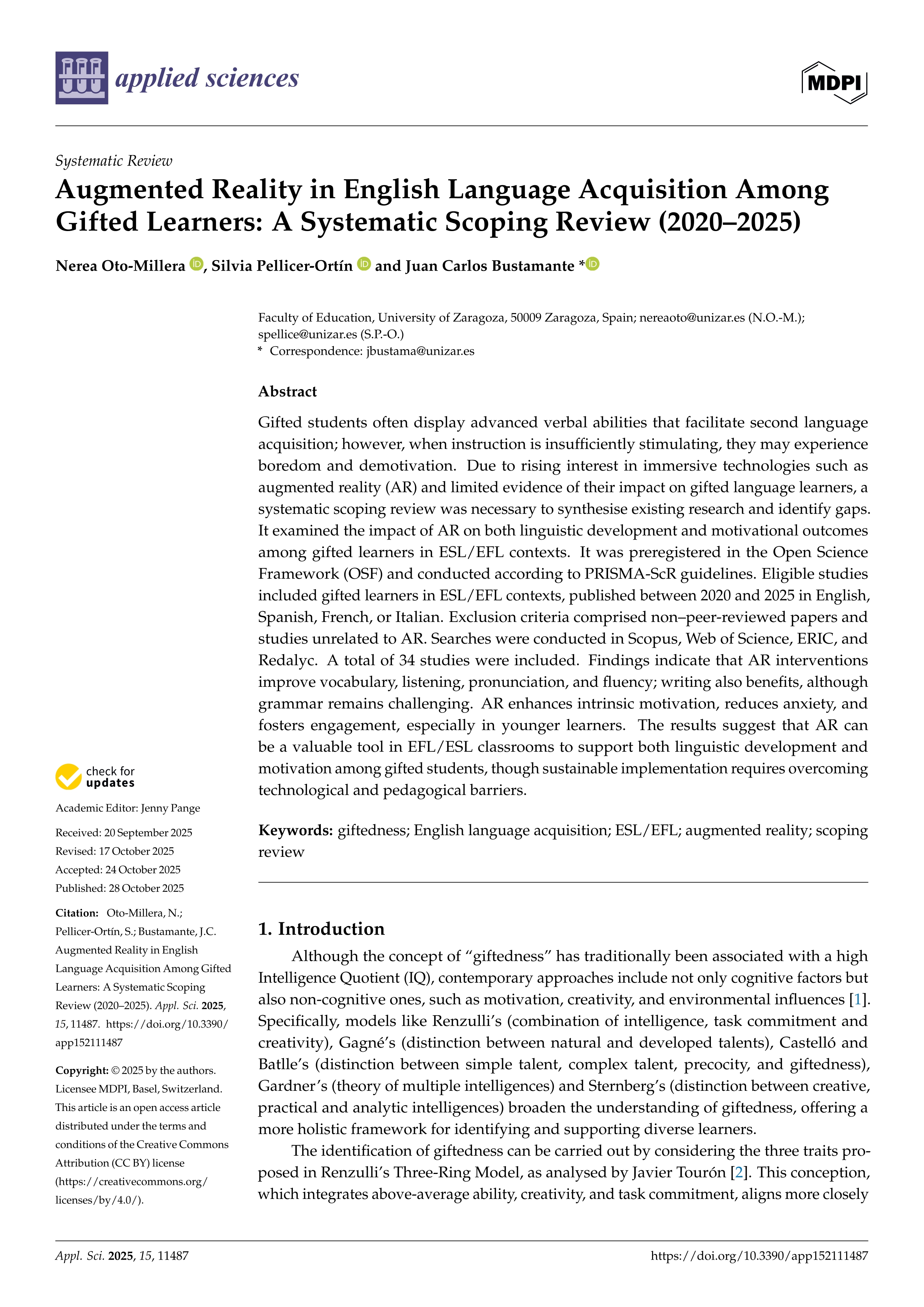 Augmented Reality in English Language Acquisition Among Gifted Learners: A Systematic Scoping Review (2020–2025)