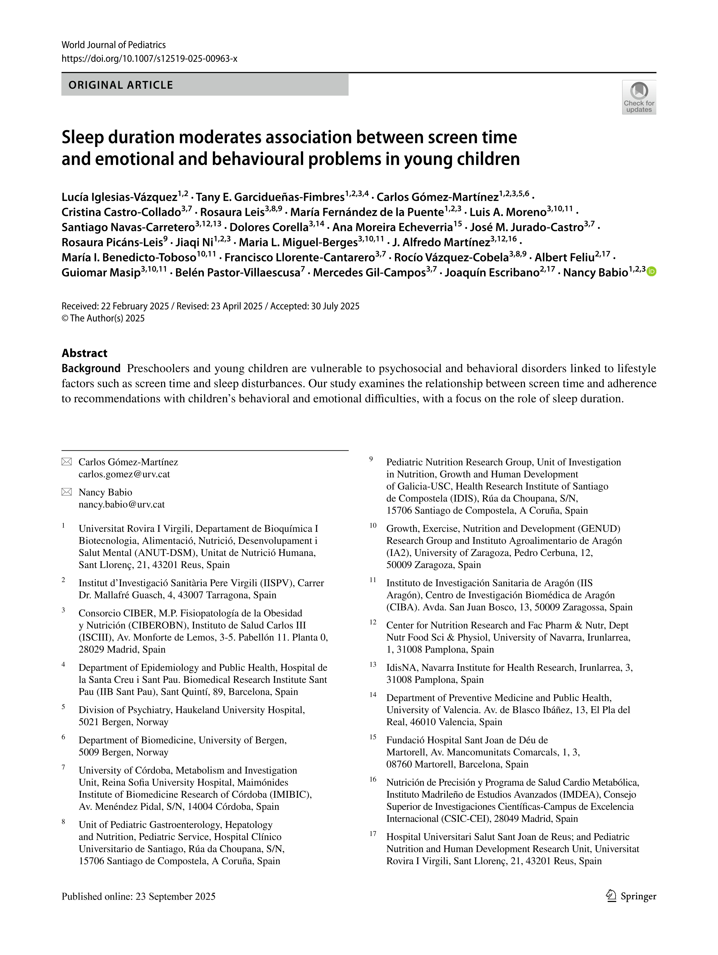 Sleep duration moderates association between screen time and emotional and behavioural problems in young children