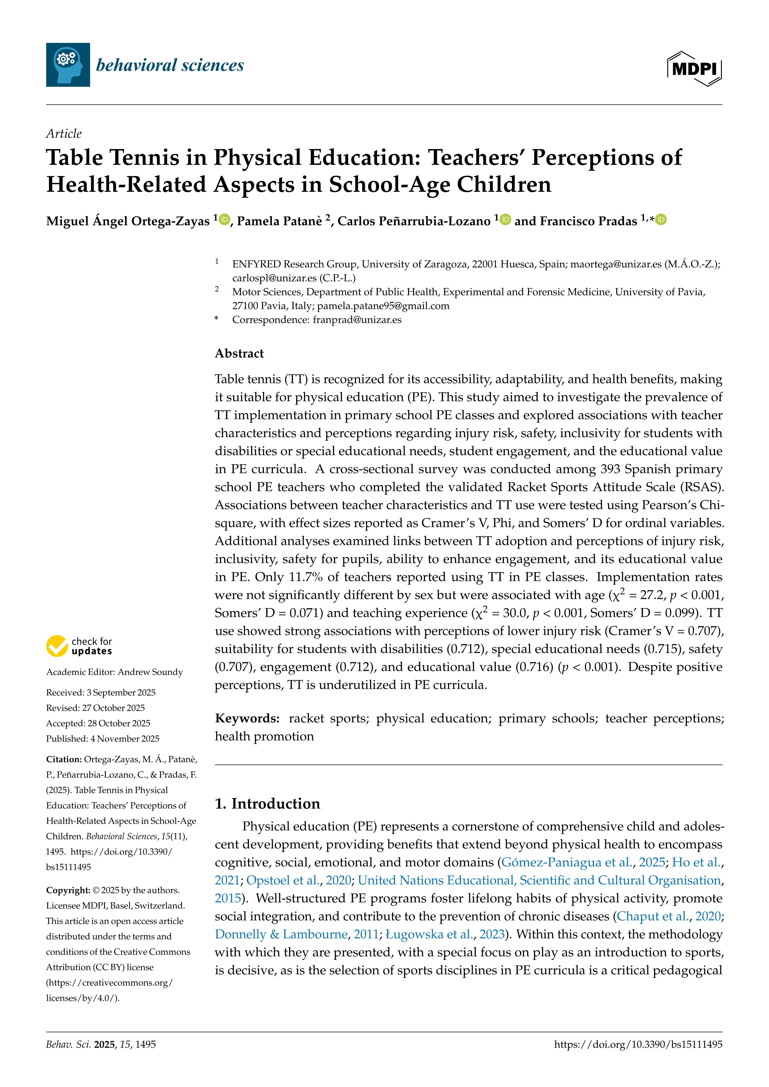 Table Tennis in Physical Education: Teachers’ Perceptions of Health-Related Aspects in School-Age Children