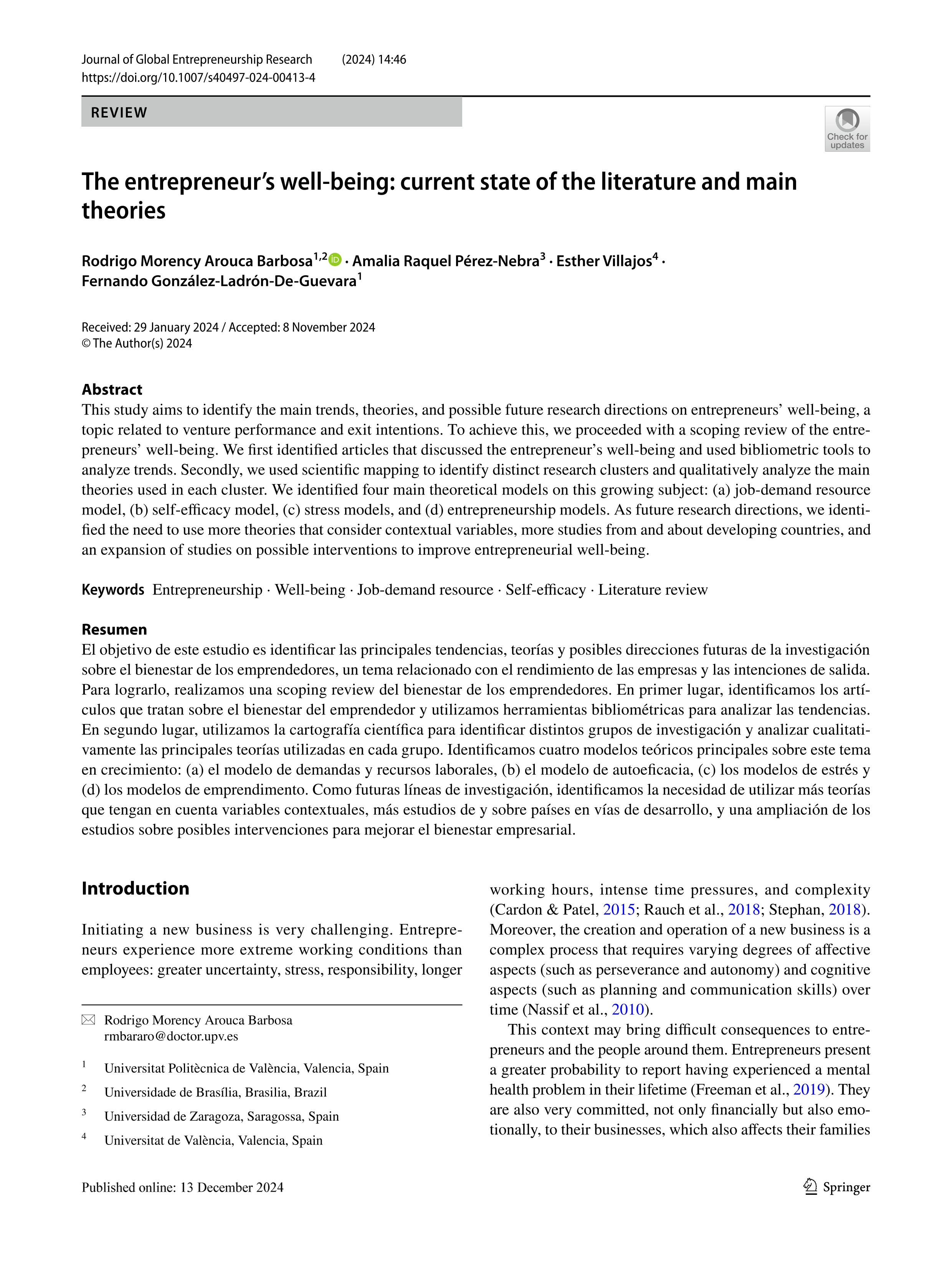 The entrepreneur’s well-being: current state of the literature and main theories