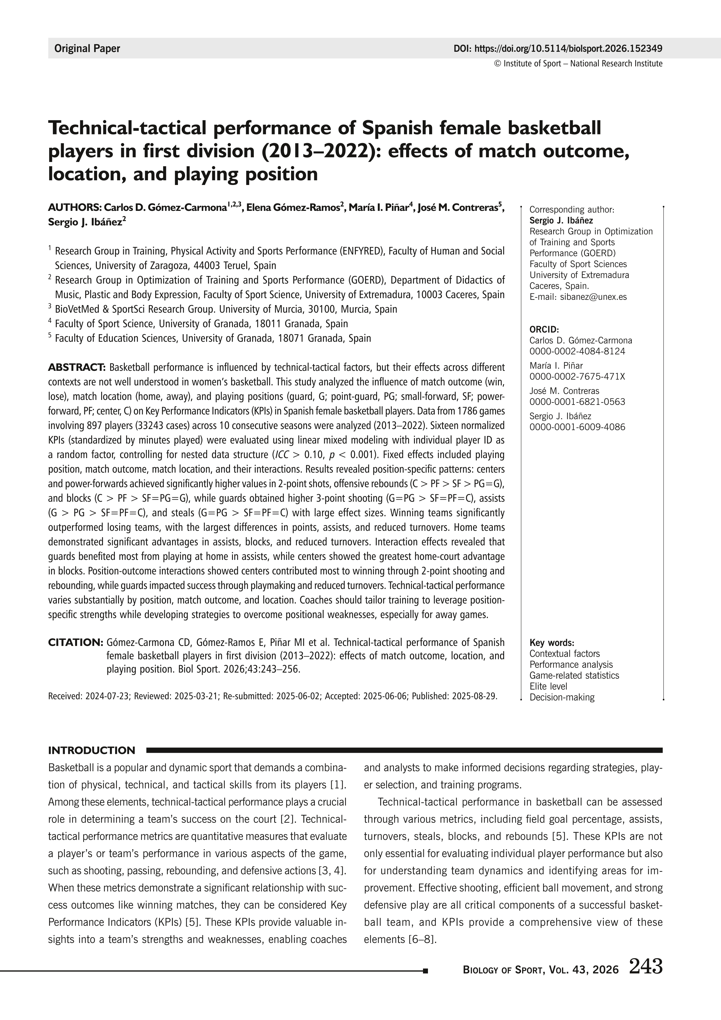Technical-tactical performance of Spanish female basketball players in first division (2013–2022): effects of match outcome, location, and playing position