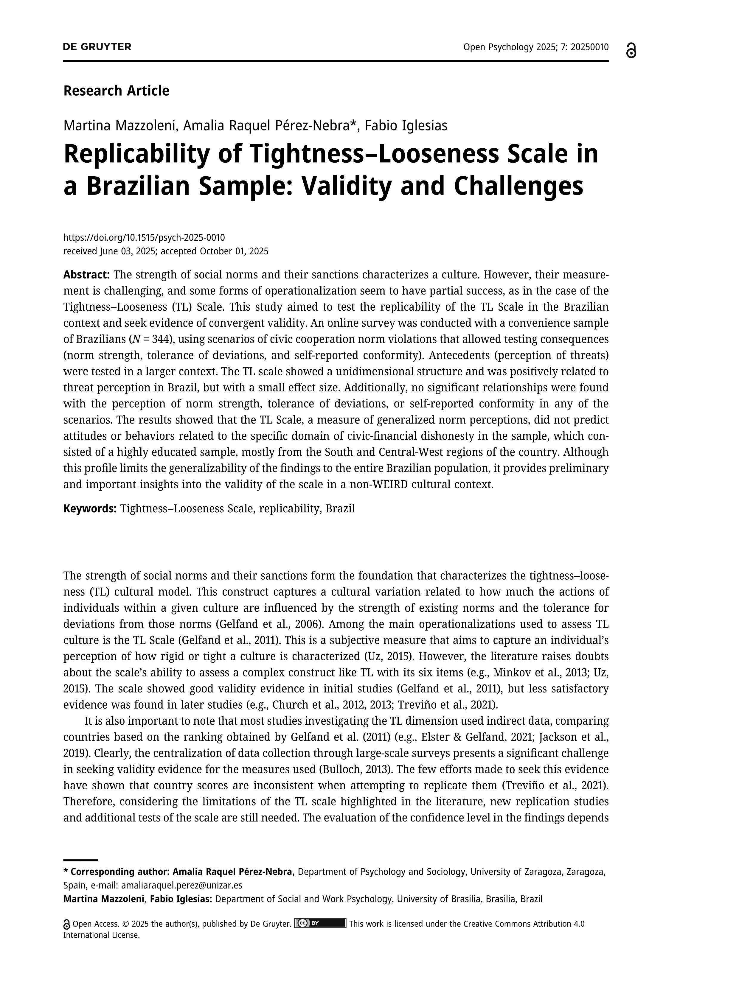 Replicability of Tightness–Looseness Scale in a Brazilian Sample: Validity and Challenges