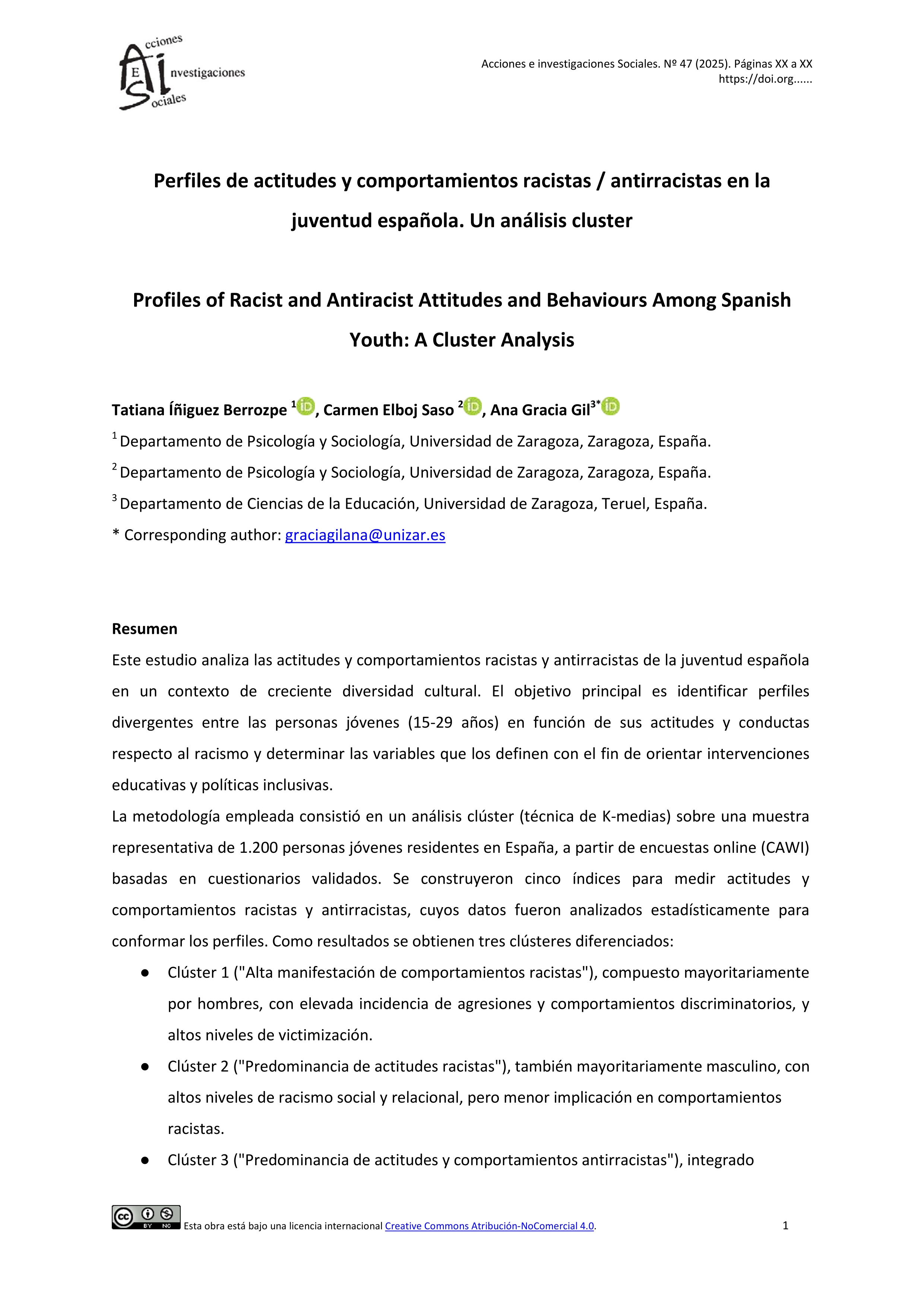 Perfiles de actitudes y comportamientos racistas / antirracistas en la juventud española. Un análisis Clúster