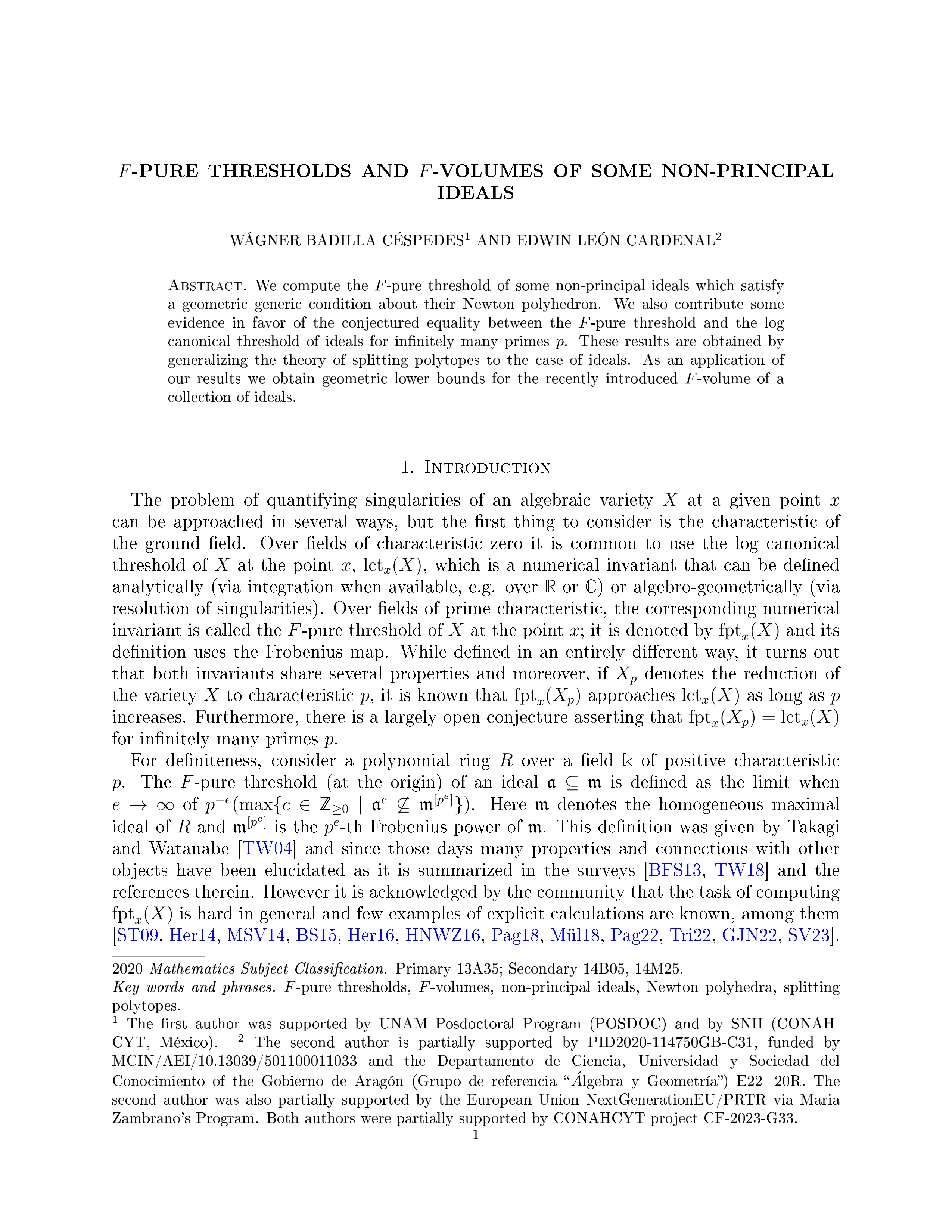 F-Pure Thresholds and F-Volumes of Some Non-Principal Ideals