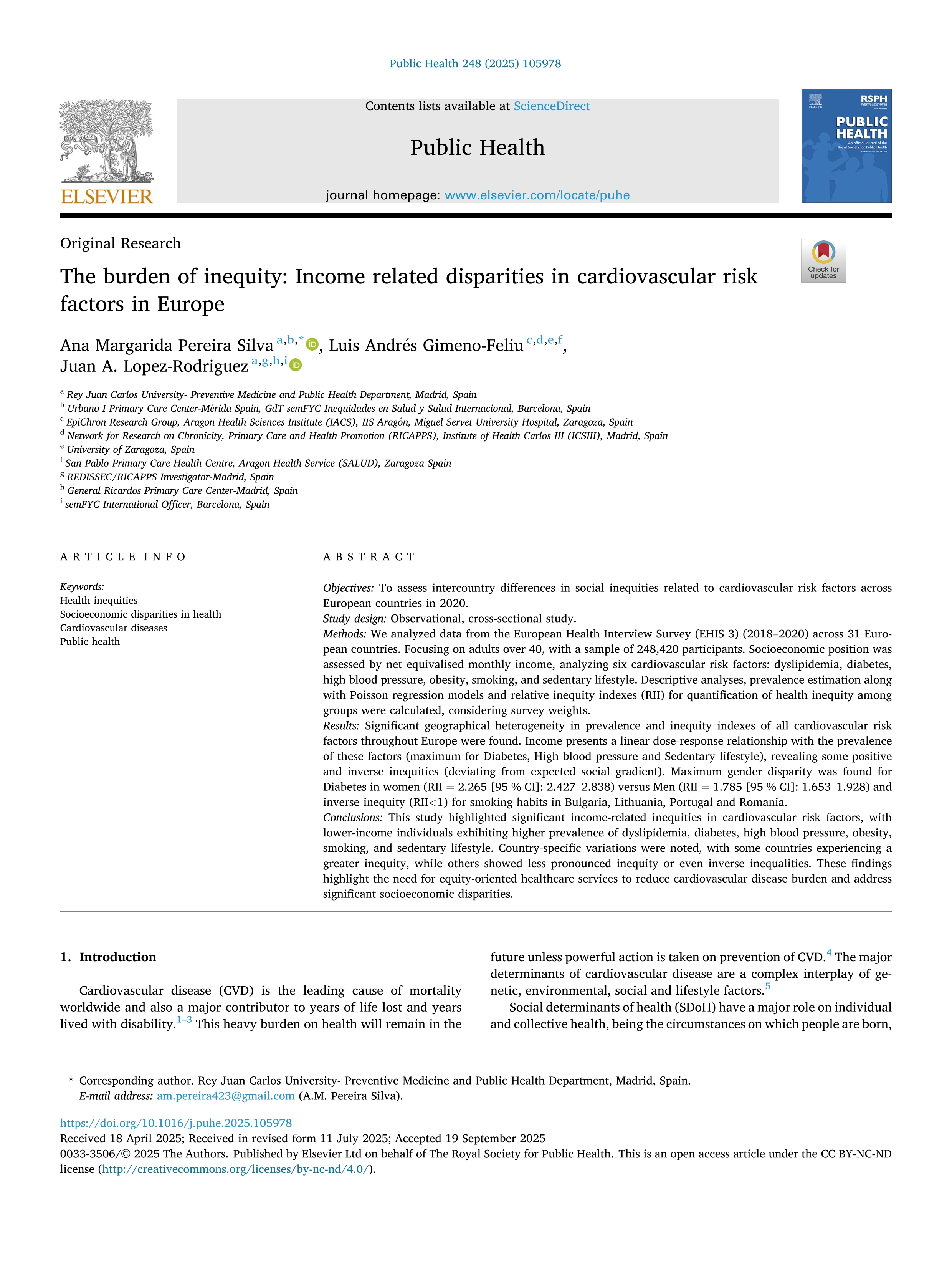 The burden of inequity: Income related disparities in cardiovascular risk factors in Europe
