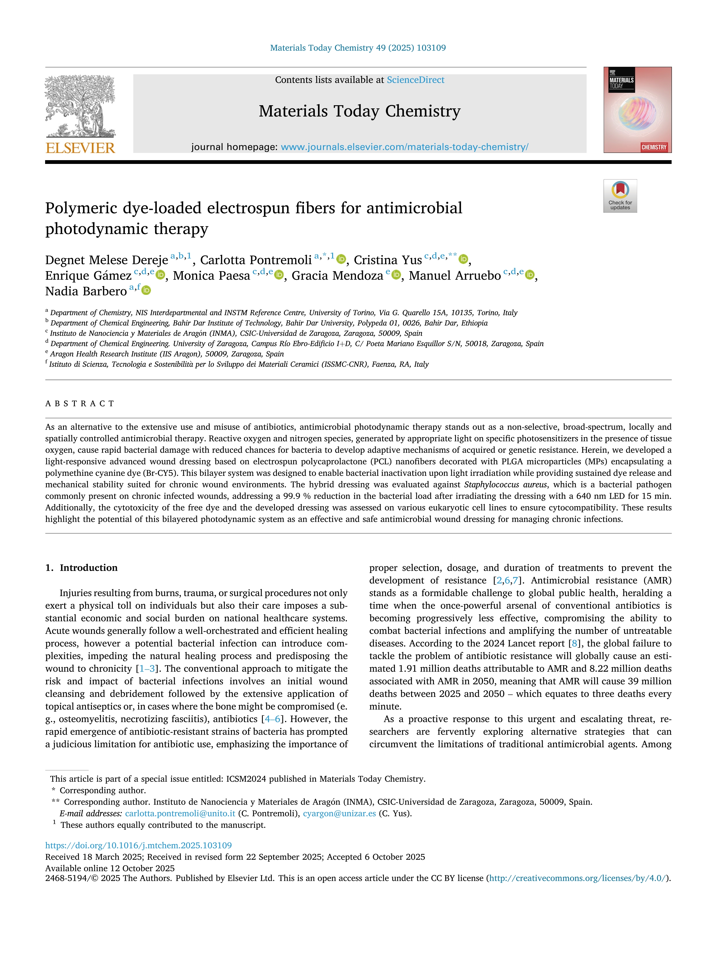 Polymeric dye-loaded electrospun fibers for antimicrobial photodynamic therapy
