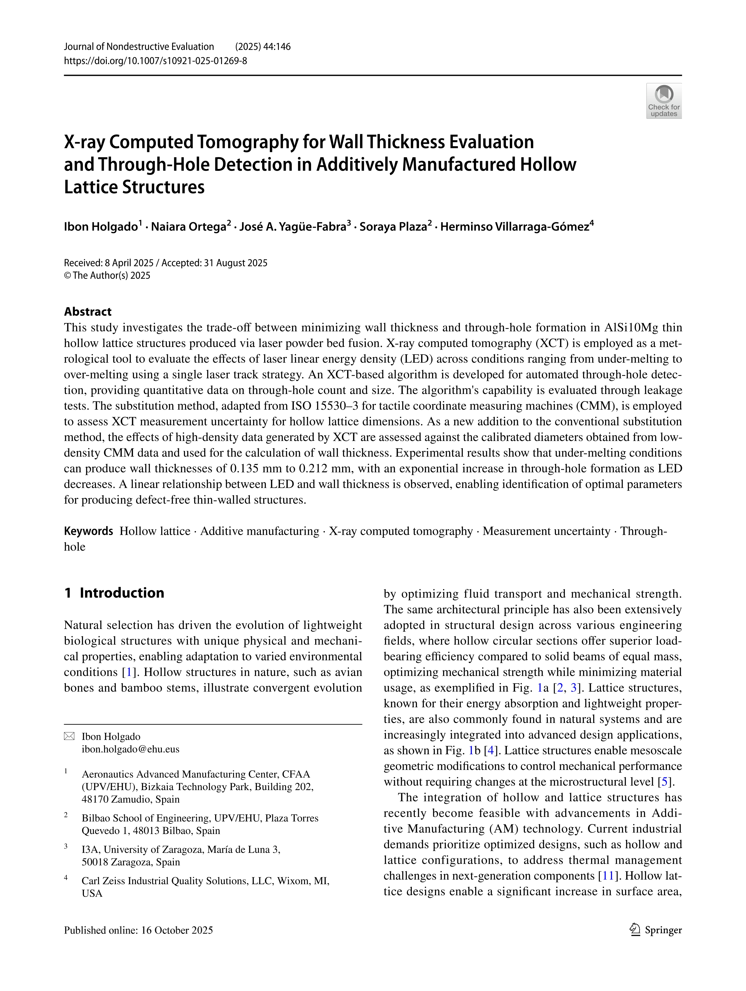 X-ray Computed Tomography for Wall Thickness Evaluation and Through-Hole Detection in Additively Manufactured Hollow Lattice Structures
