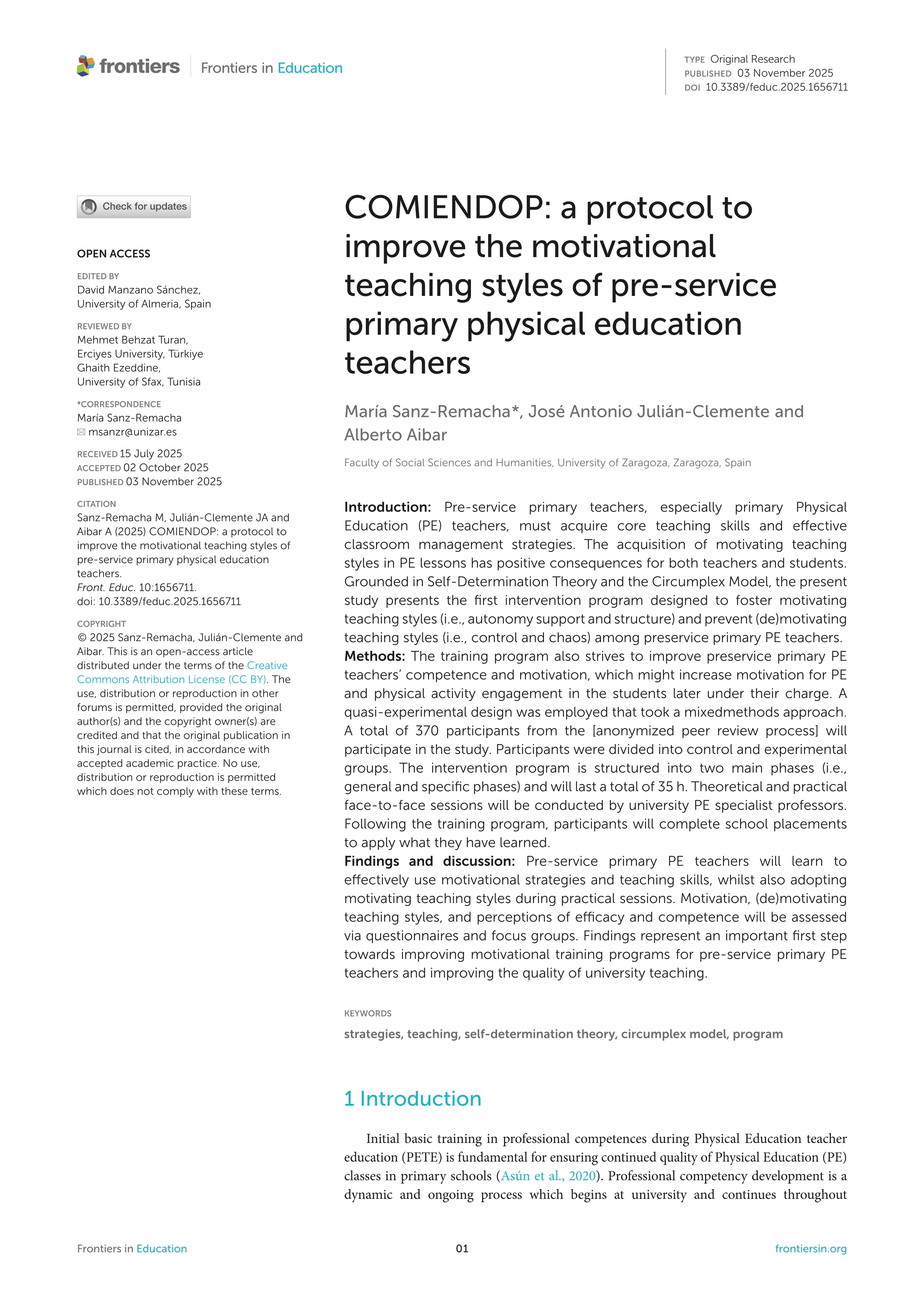 COMIENDOP: a protocol to improve the motivational teaching styles of pre-service primary physical education teachers