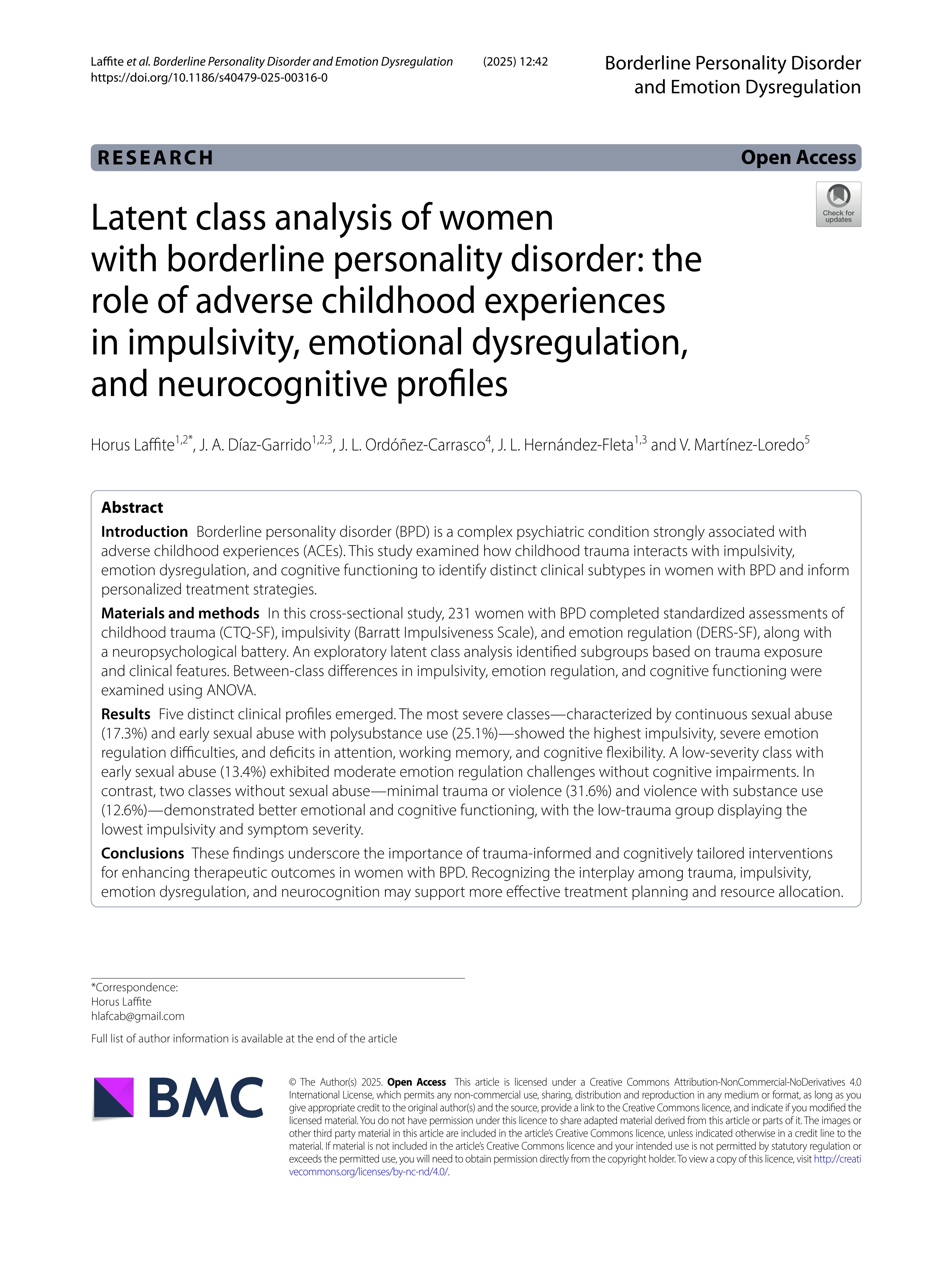 Latent class analysis of women with borderline personality disorder: the role of adverse childhood experiences in impulsivity, emotional dysregulation, and neurocognitive profiles