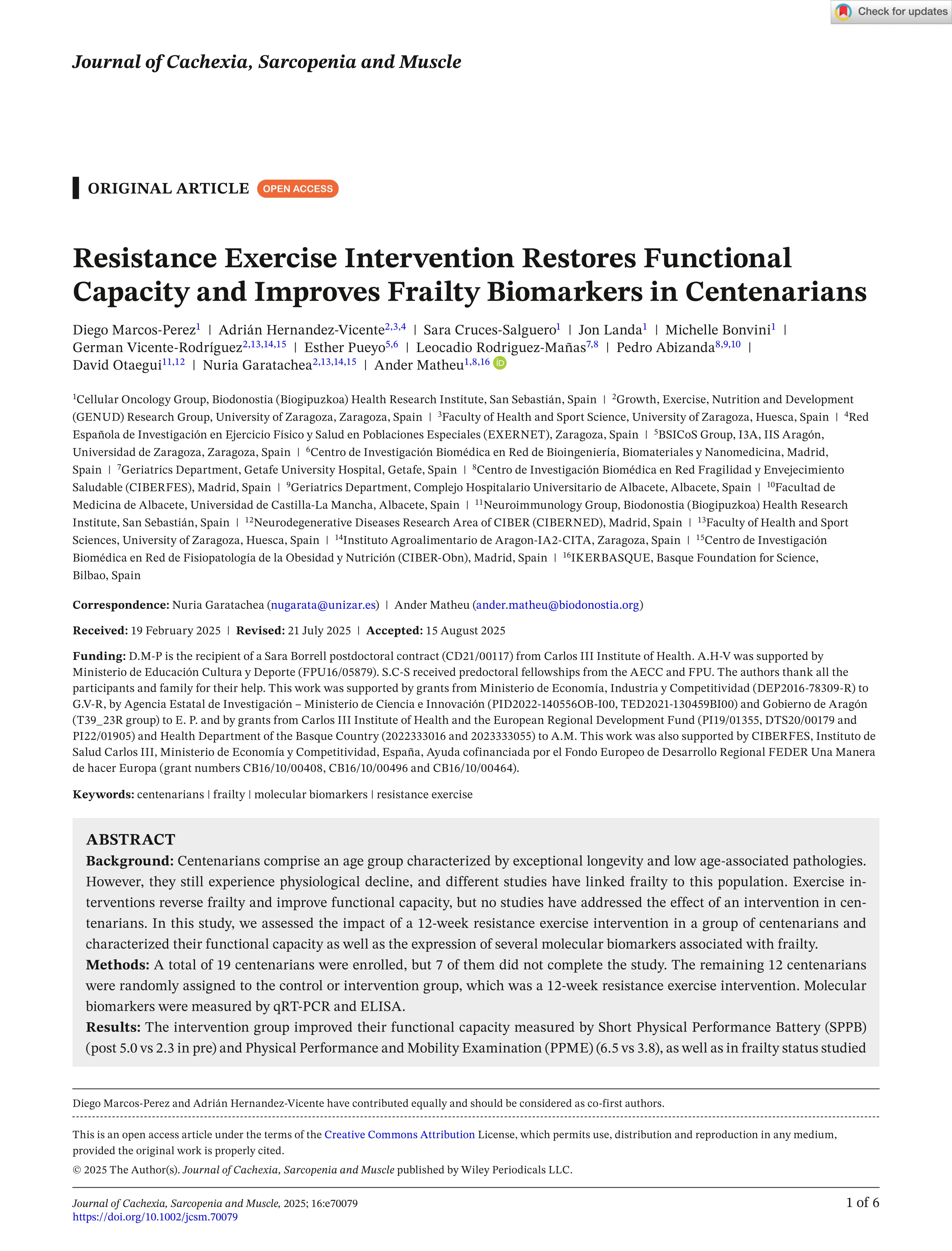 Resistance Exercise Intervention Restores Functional Capacity and Improves Frailty Biomarkers in Centenarians