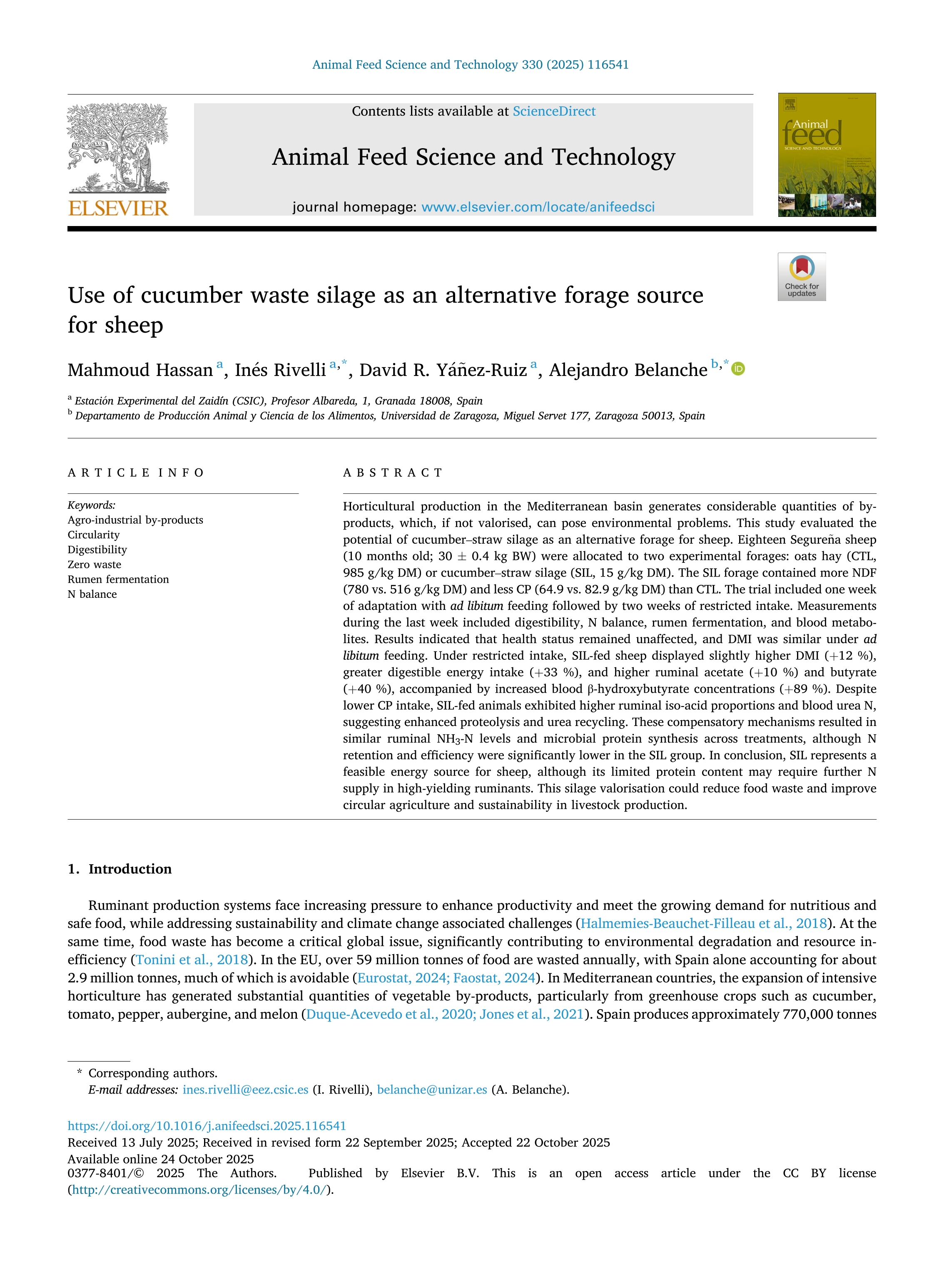 Use of cucumber waste silage as an alternative forage source for sheep