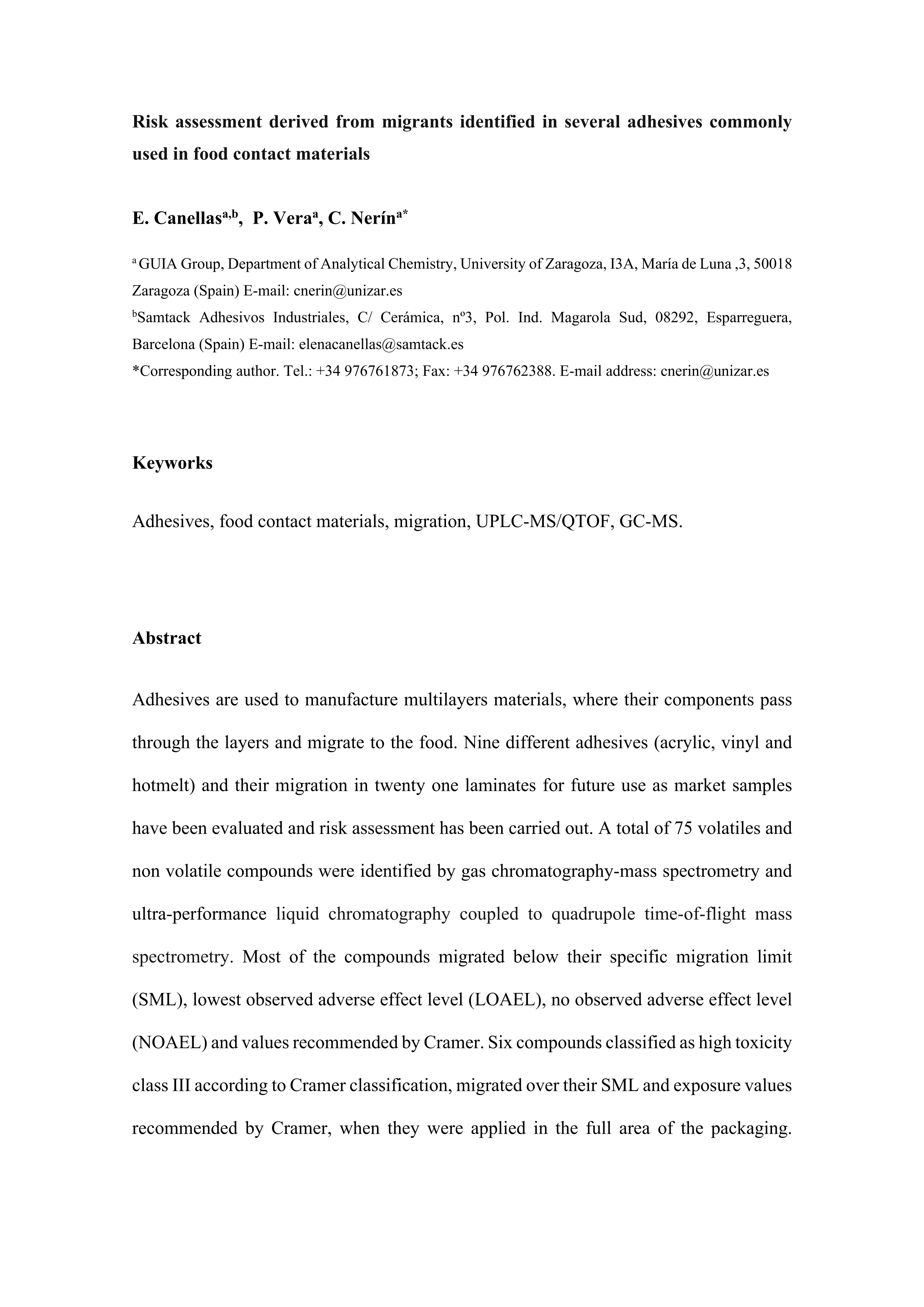 Risk assessment derived from migrants identified in several adhesives commonly used in food contact materials