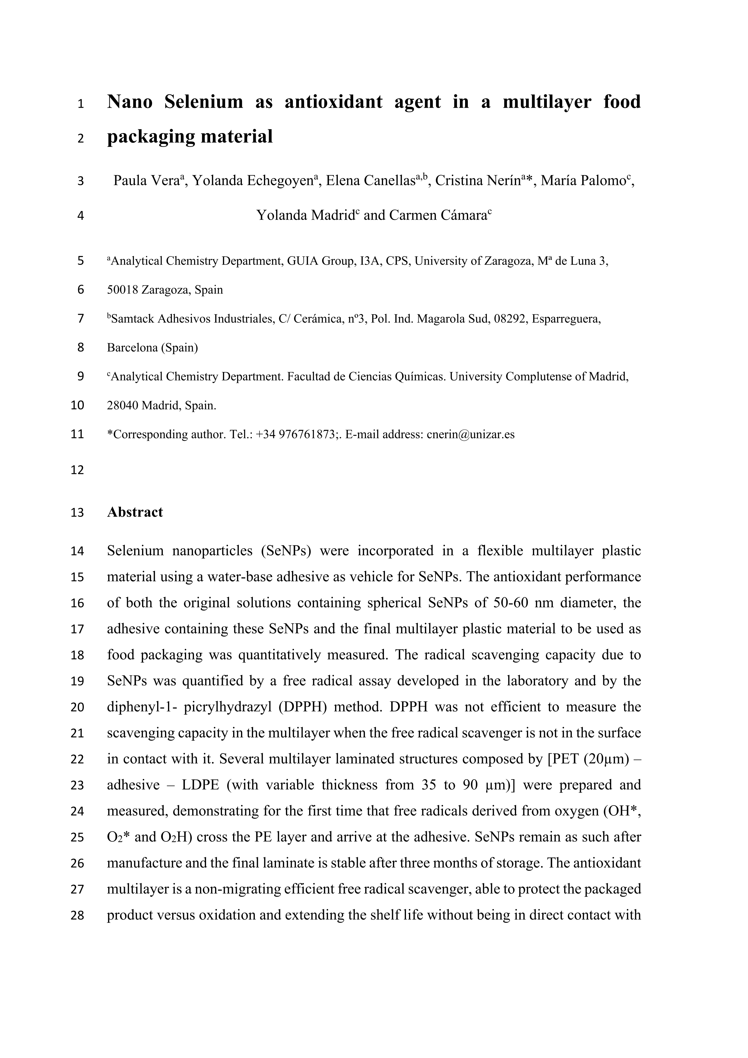 Nano selenium as antioxidant agent in a multilayer food packaging material