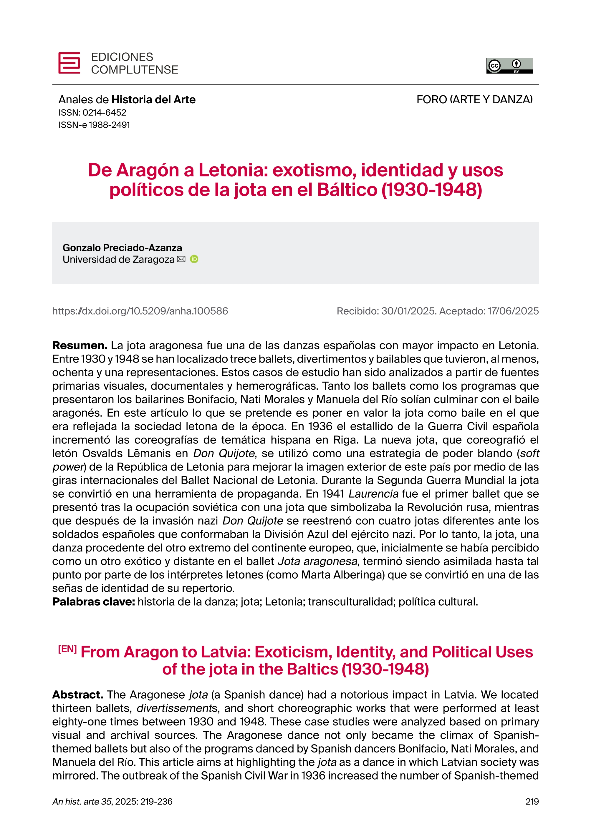 De Aragón a Letonia: exotismo, identidad y usos políticos de la jota en el Báltico (1930-1948)