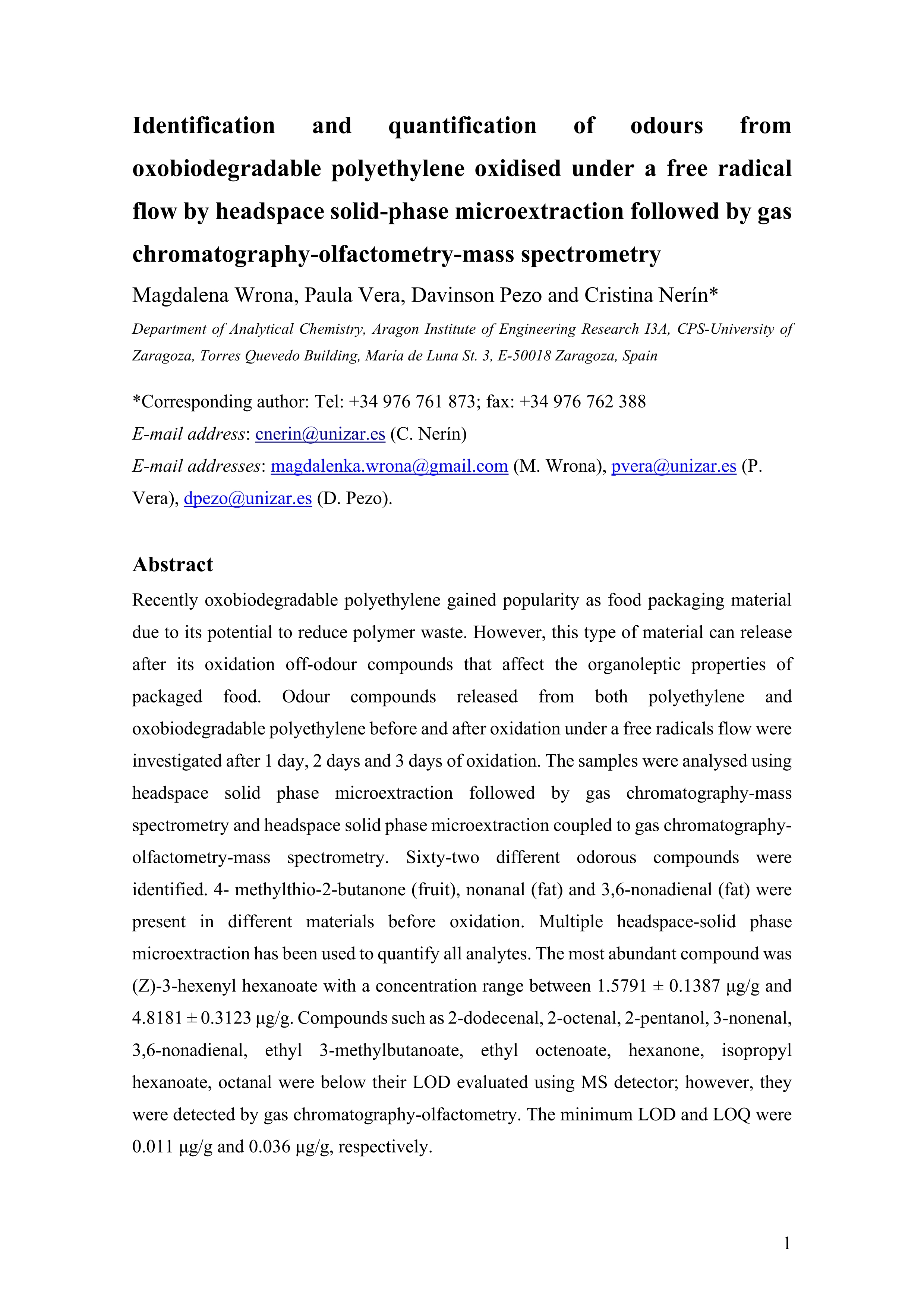Identification and quantification of odours from oxobiodegradable polyethylene oxidised under a free radical flow by headspace solid-phase microextraction followed by gas chromatography-olfactometry-mass spectrometry