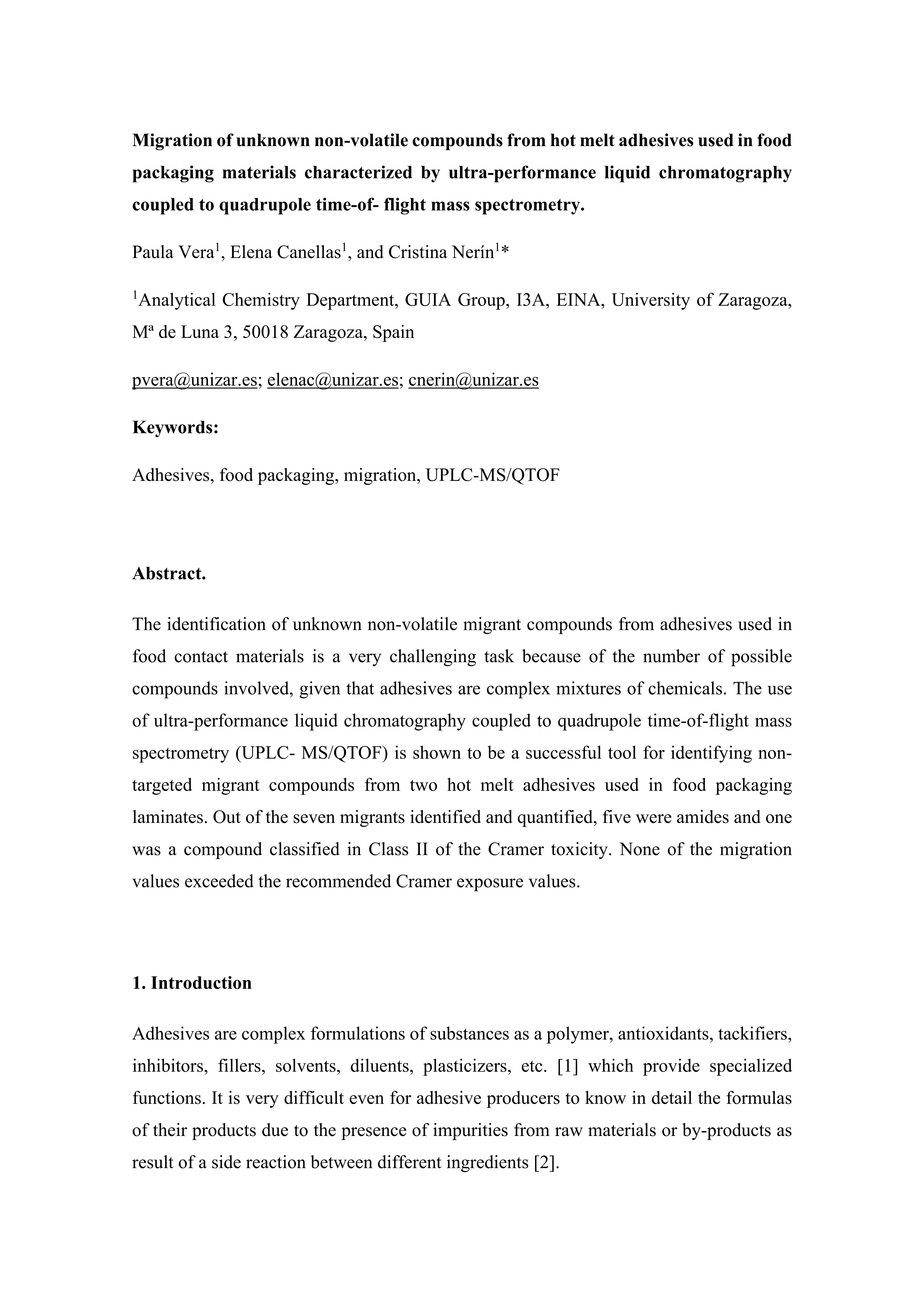 Identification of non-volatile compounds and their migration from hot melt adhesives used in food packaging materials characterized by ultra-performance liquid chromatography coupled to quadrupole time-of-flight mass spectrometry