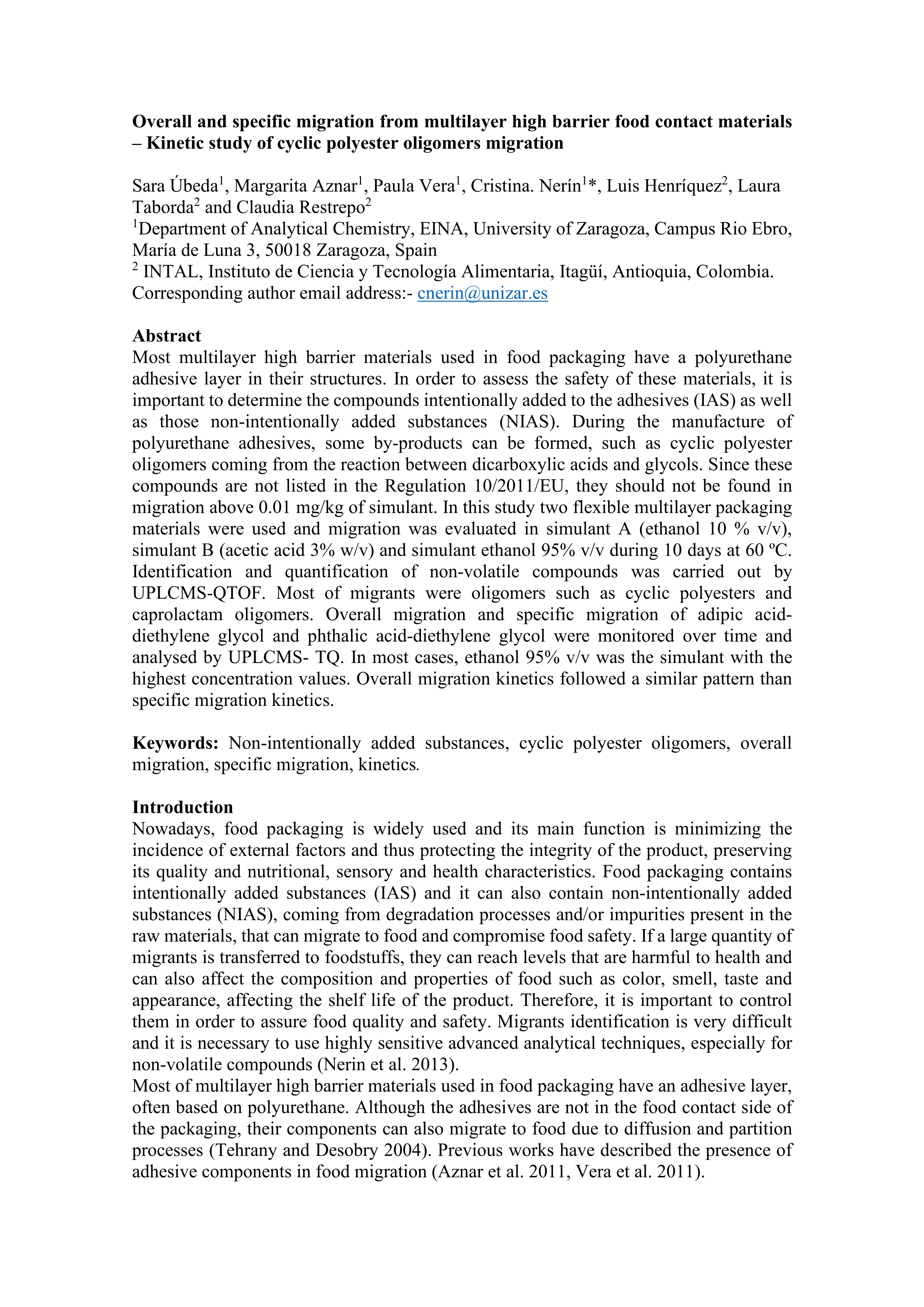 Overall and specific migration from multilayer high barrier food contact materials–kinetic study of cyclic polyester oligomers migration