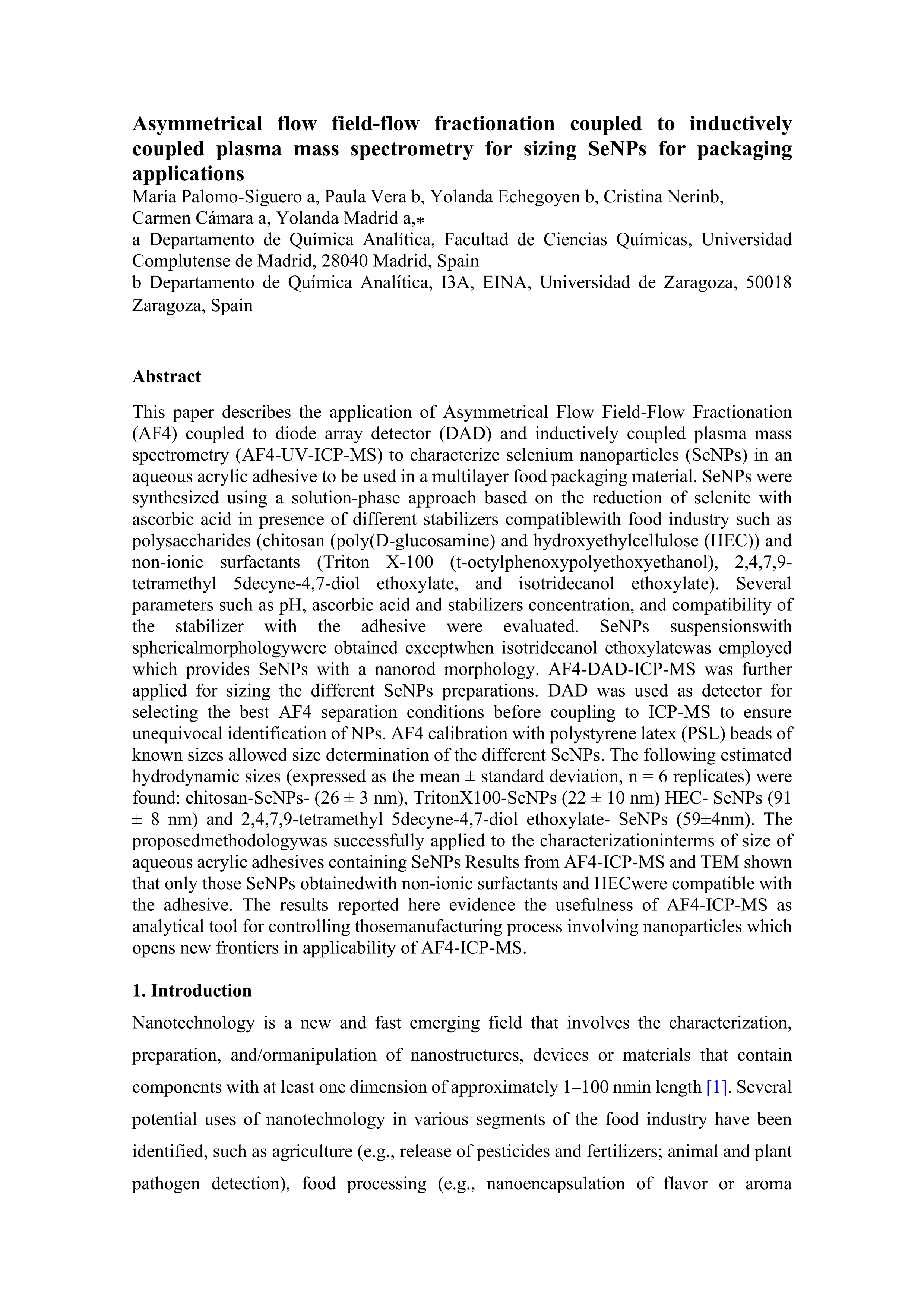 Asymmetrical flow field-flow fractionation coupled to inductively coupled plasma mass spectrometry for sizing SeNPs for packaging applications