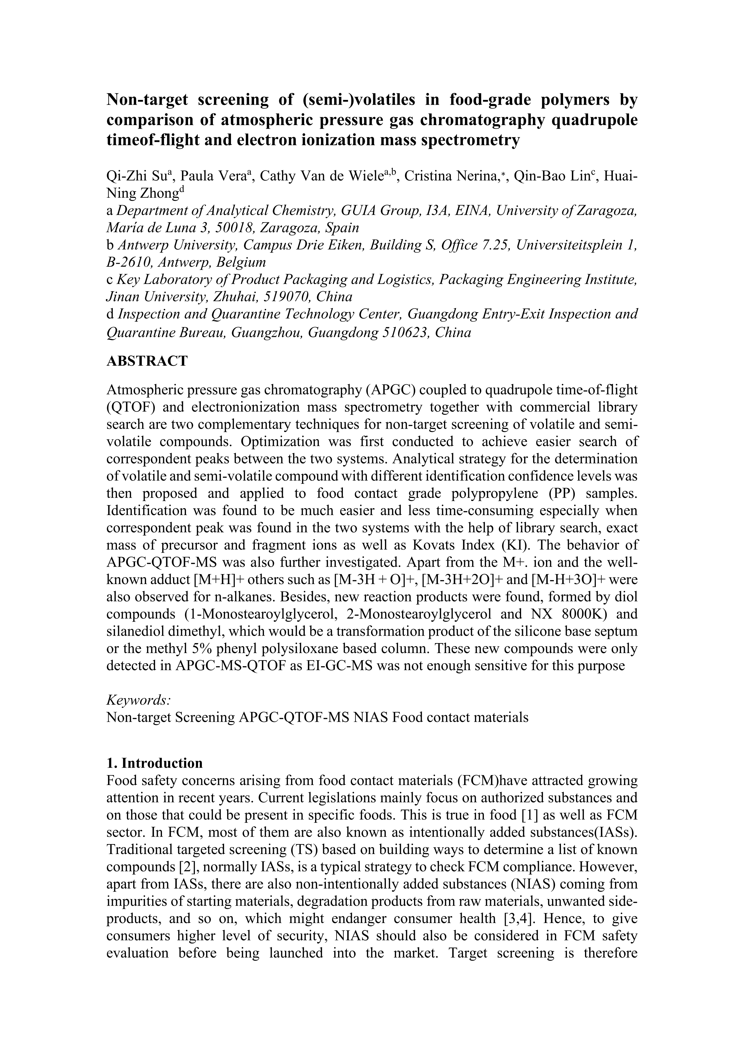 Non-target screening of (semi-)volatiles in food-grade polymers by comparison of atmospheric pressure gas chromatography quadrupole time-of-flight and electron ionization mass spectrometry