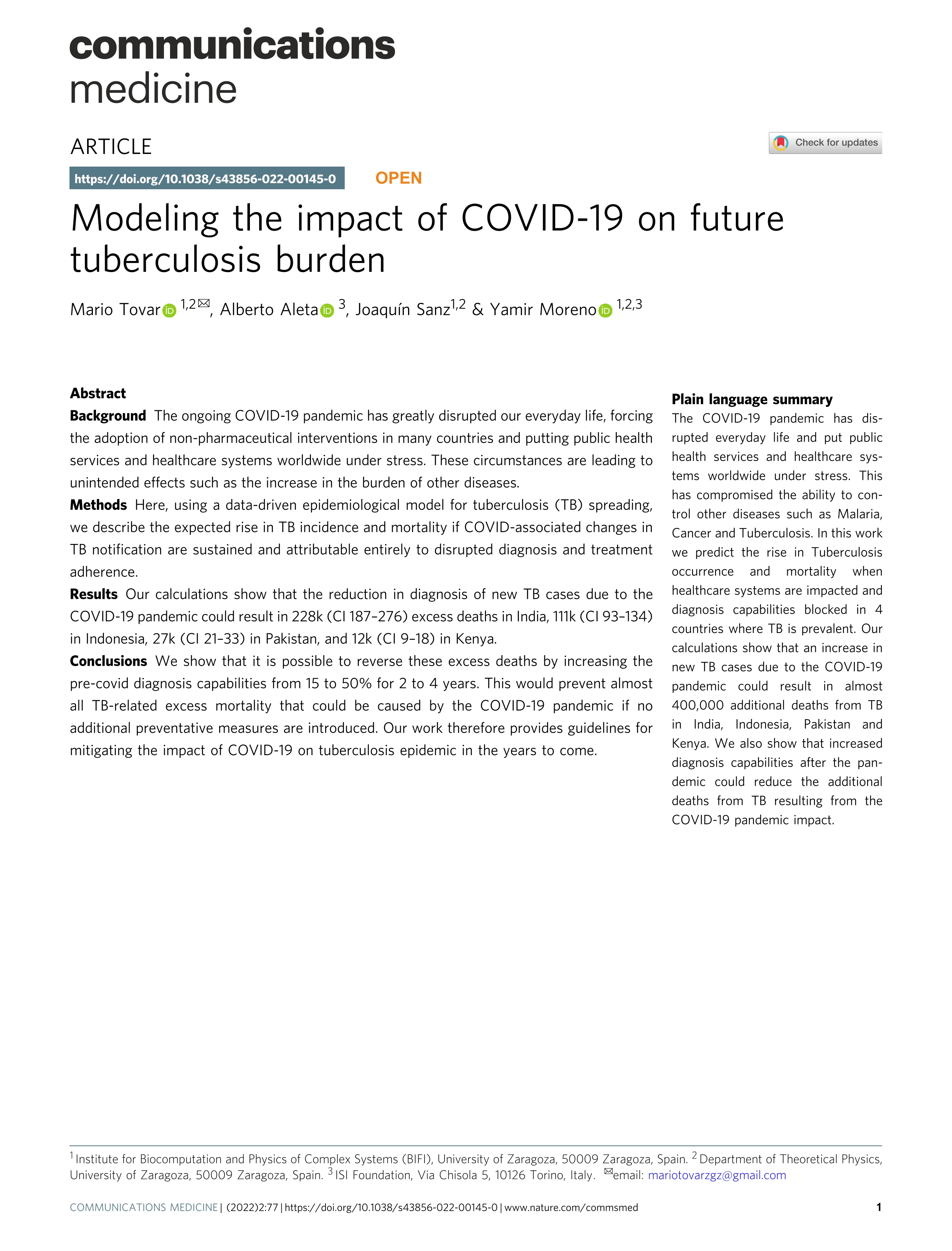 Modeling the impact of COVID-19 on future tuberculosis burden