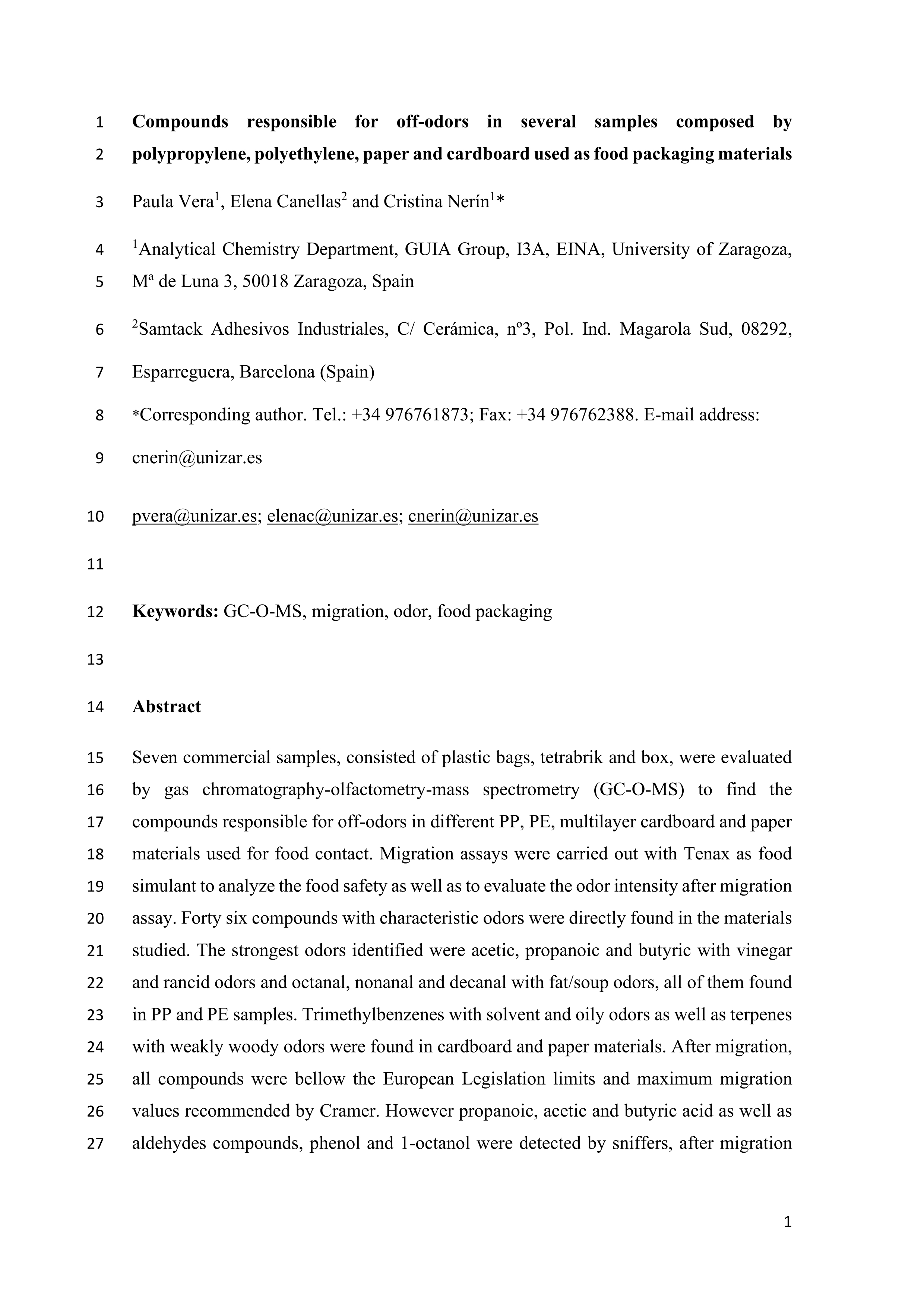 Compounds responsible for off-odors in several samples composed by polypropylene, polyethylene, paper and cardboard used as food packaging materials