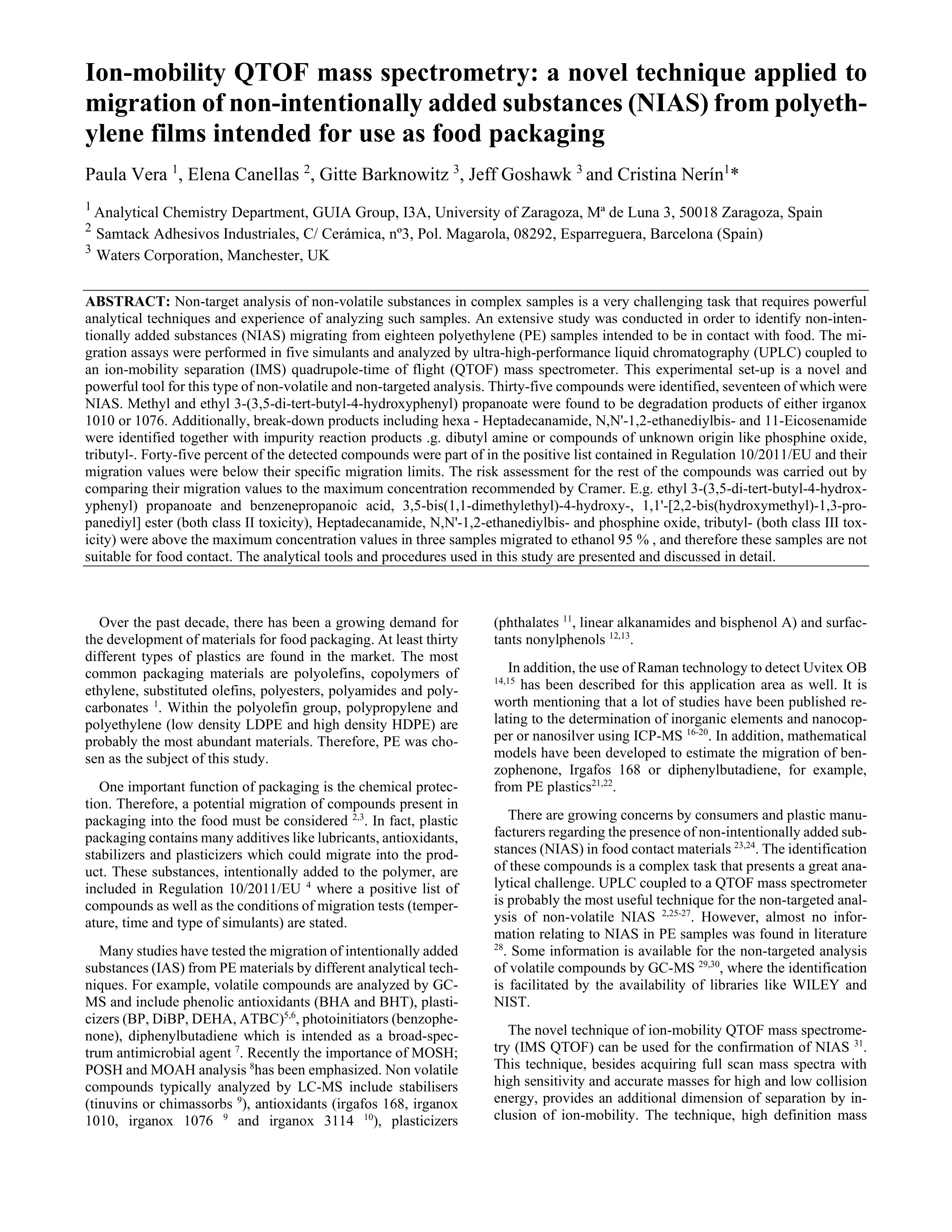 Ion-mobility quadrupole time-of-flight mass spectrometry: A novel technique applied to migration of nonintentionally added substances from polyethylene films intended for use as food packaging