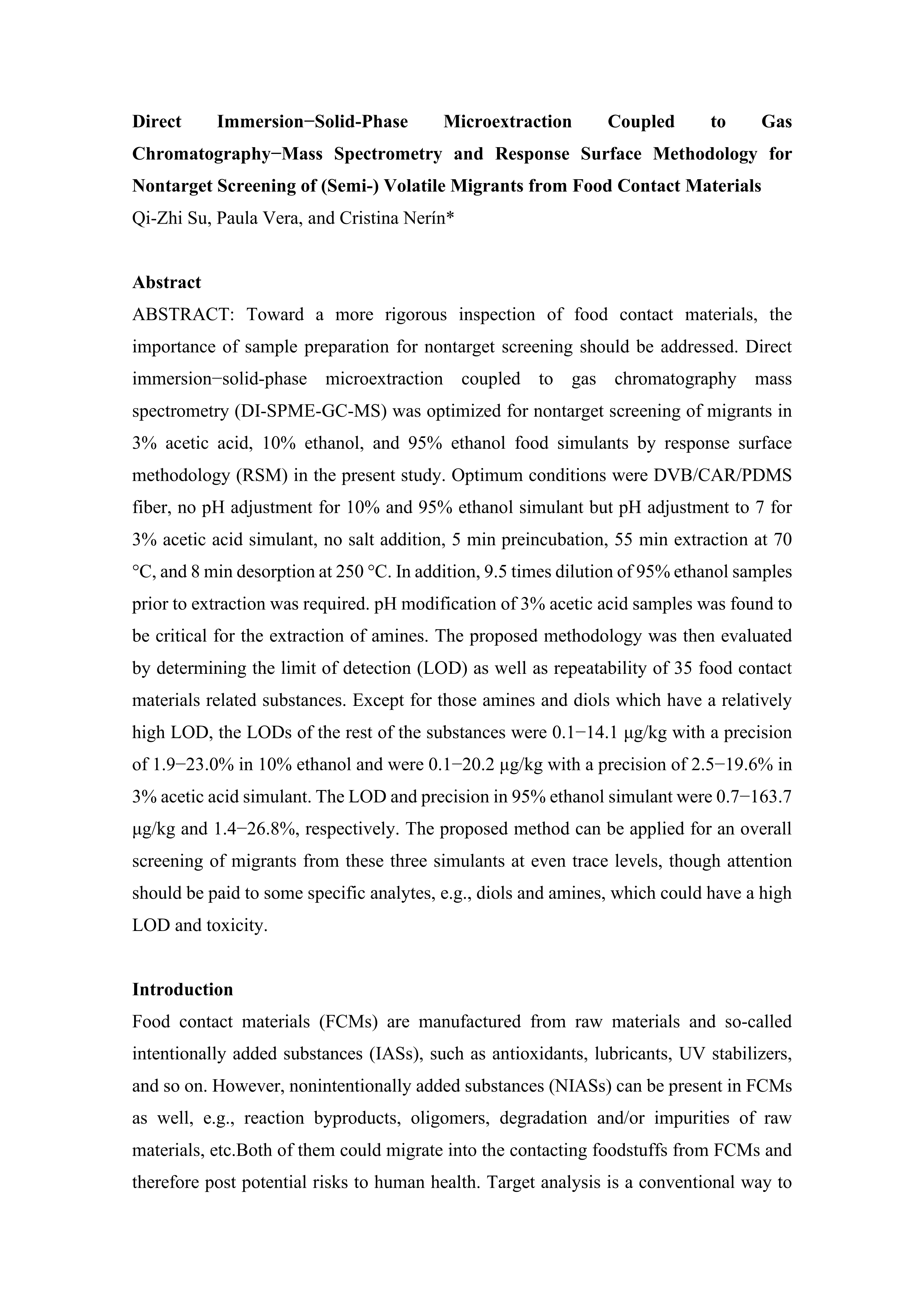 Direct Immersion-Solid-Phase Microextraction Coupled to Gas Chromatography-Mass Spectrometry and Response Surface Methodology for Nontarget Screening of (Semi-) Volatile Migrants from Food Contact Materials